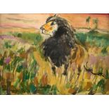 Sadji - 'Sha-Qi', lion in the savanna, oil on canvas, 30,5 x 40,5 cm