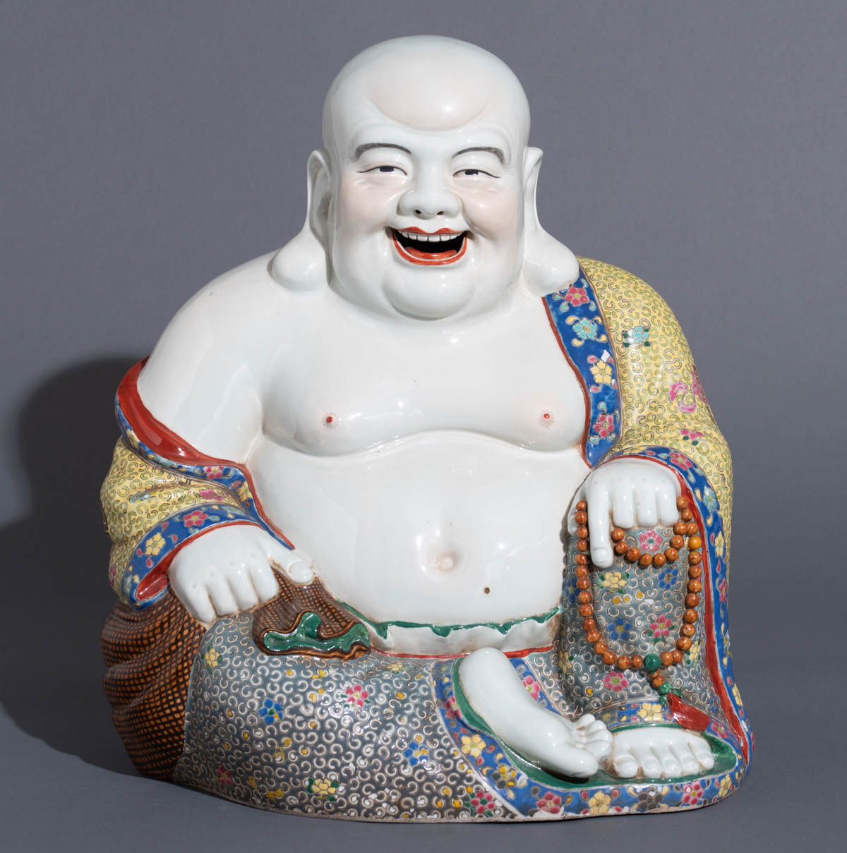 A large Chinese famille rose seated smiling Budai - Image 2 of 8