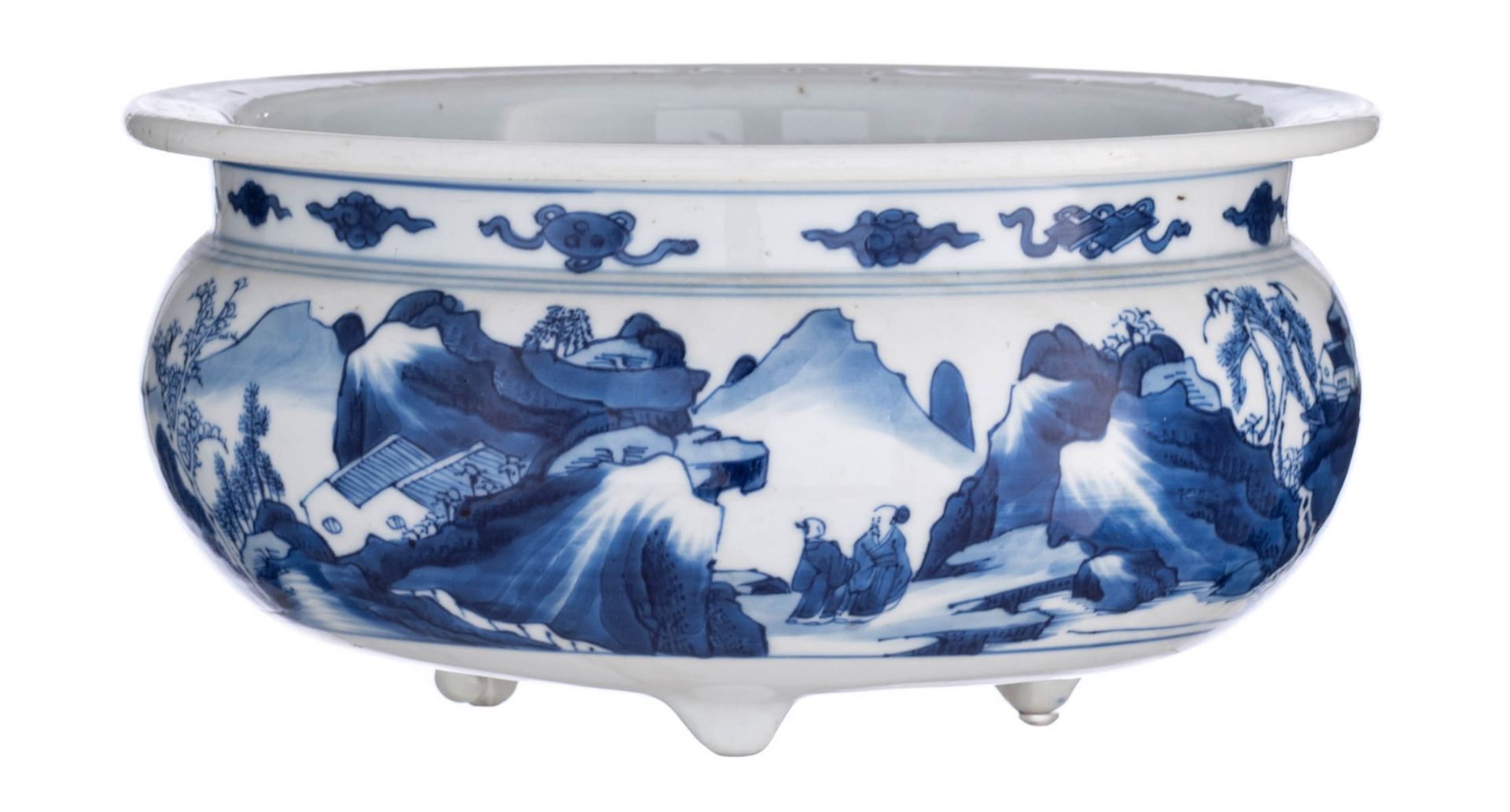 A Chinese blue and white tripod bowl