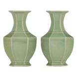 A pair of Chinese hexagonal celadon-glazed vases