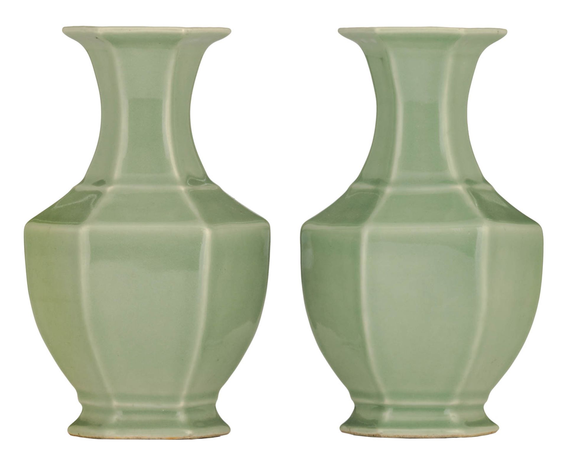 A pair of Chinese hexagonal celadon-glazed vases