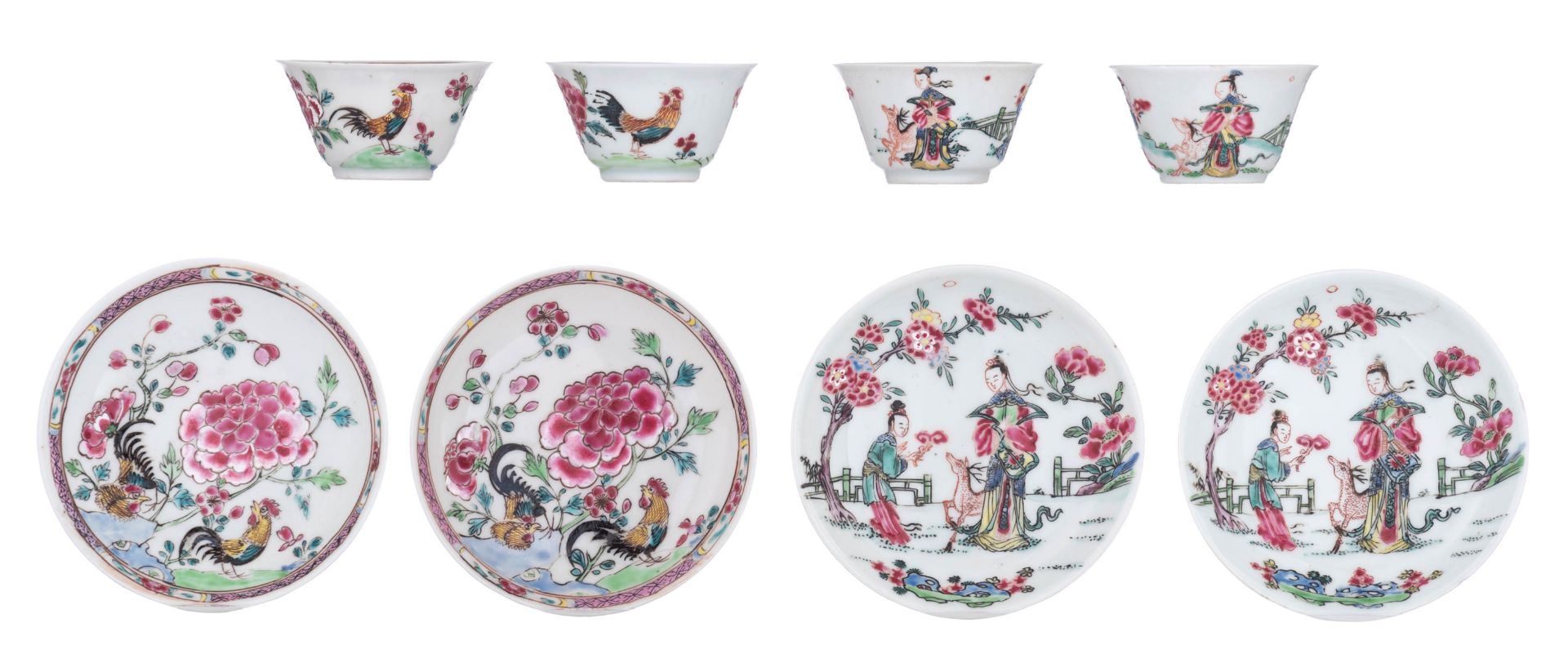 Four sets of Chinese famille rose export porcelain teacups and saucers