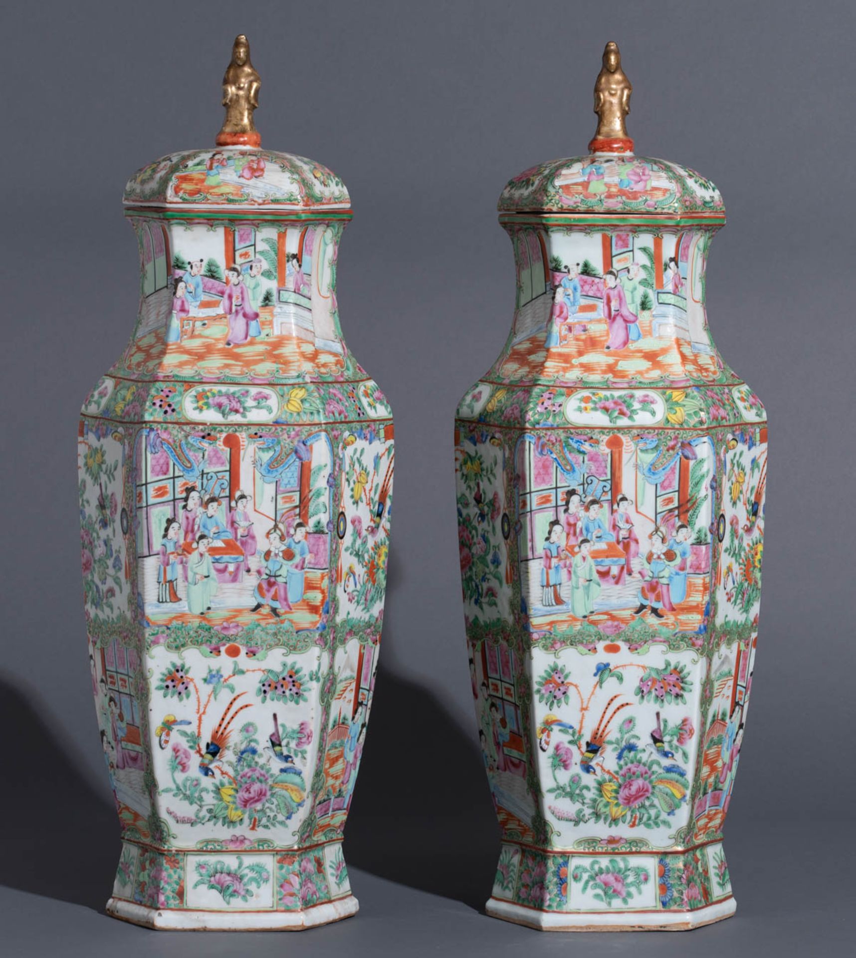 A pair of Chinese Canton famille rose lantern-shaped vases - Image 2 of 7