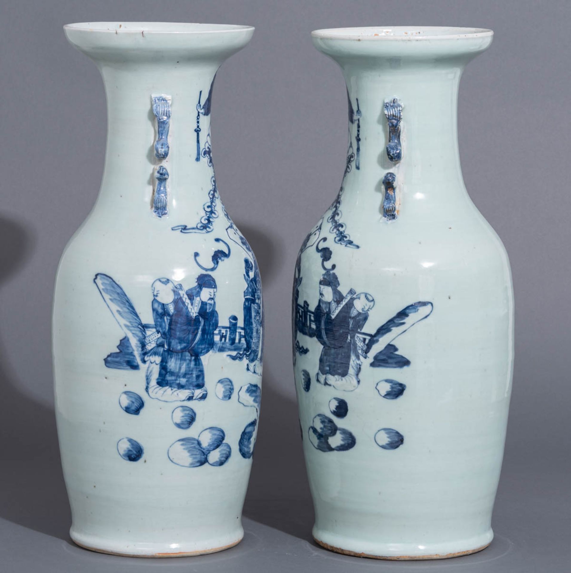 A pair of Chinese celadon ground blue and white vases - Image 3 of 7