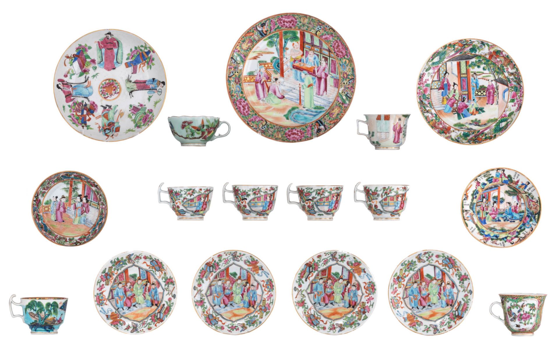 Six Chinese export porcelain Canton teacups and matching saucers