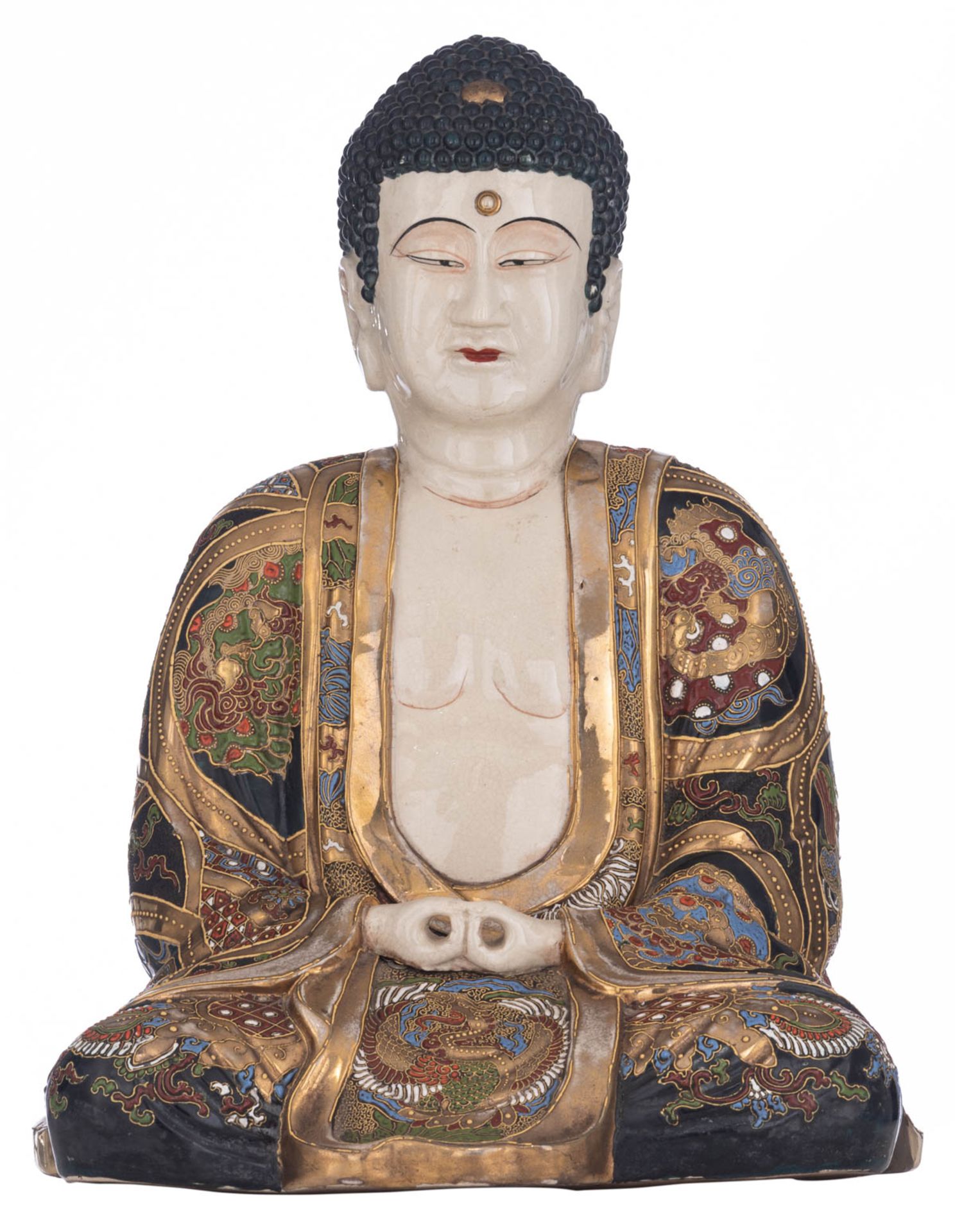 A large Japanese Satsuma figure of a seated Buddha