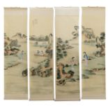 A four-part screen depicting elegant ladies in a river and mountainous landscape