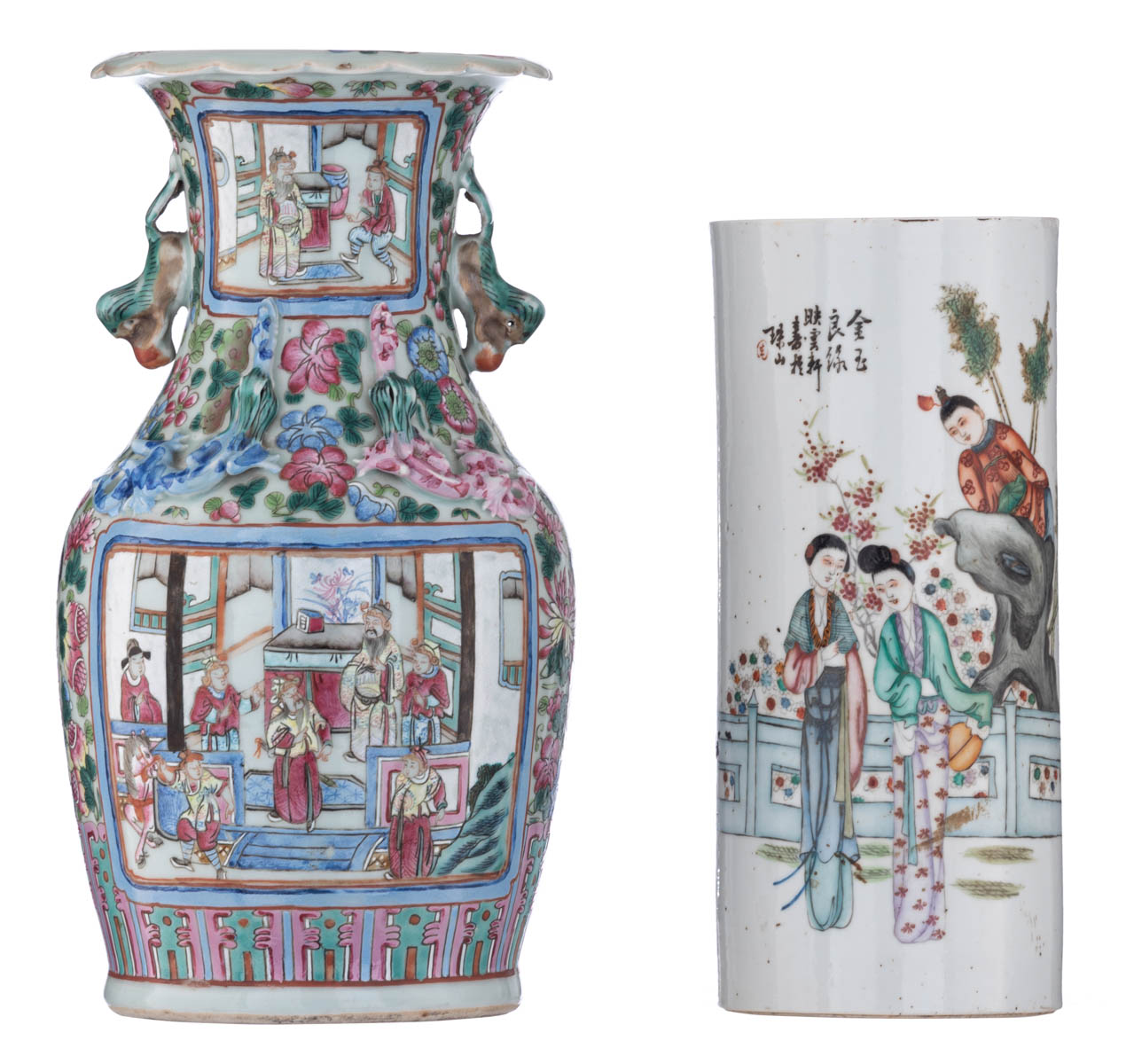 A Chinese polychrome decorated cylindrical vase