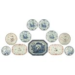 Six Chinese blue and white export porcelain dishes and a ditto octagonal Nanking ware plate