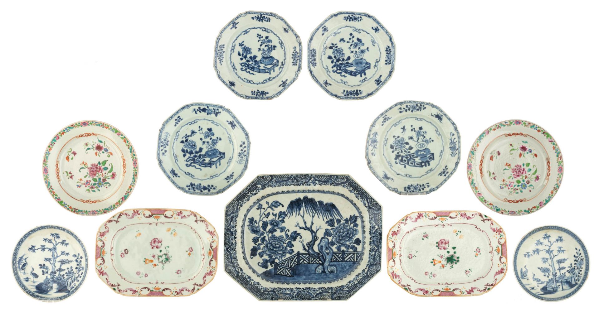 Six Chinese blue and white export porcelain dishes and a ditto octagonal Nanking ware plate