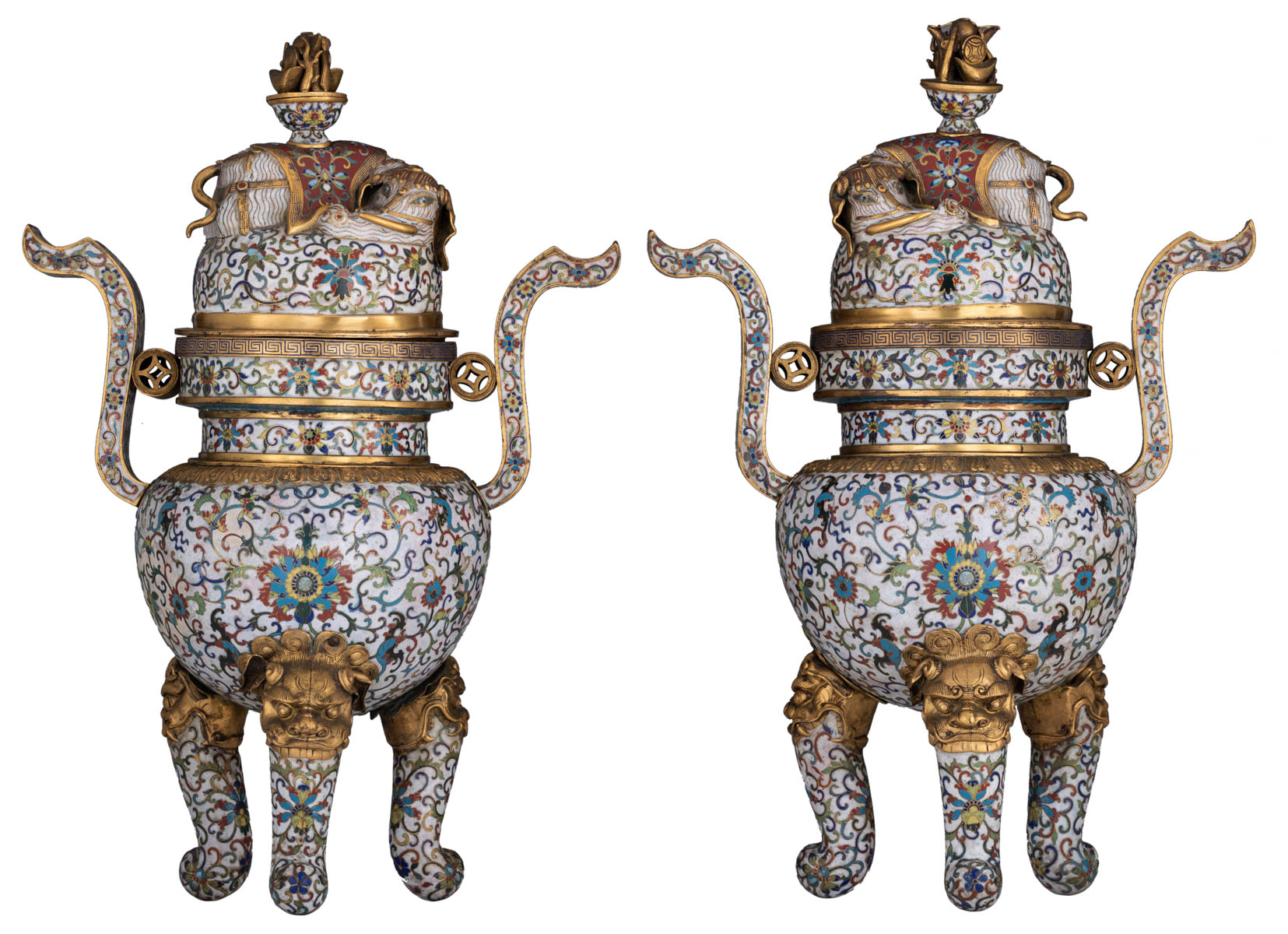 A pair of Chinese cloisonné enamel tripod censers and covers