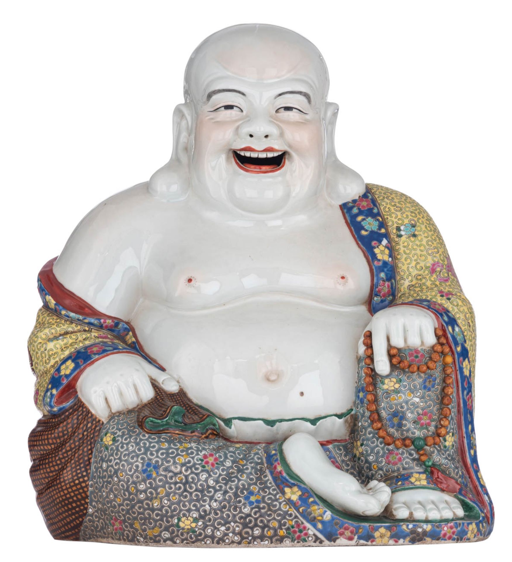 A large Chinese famille rose seated smiling Budai