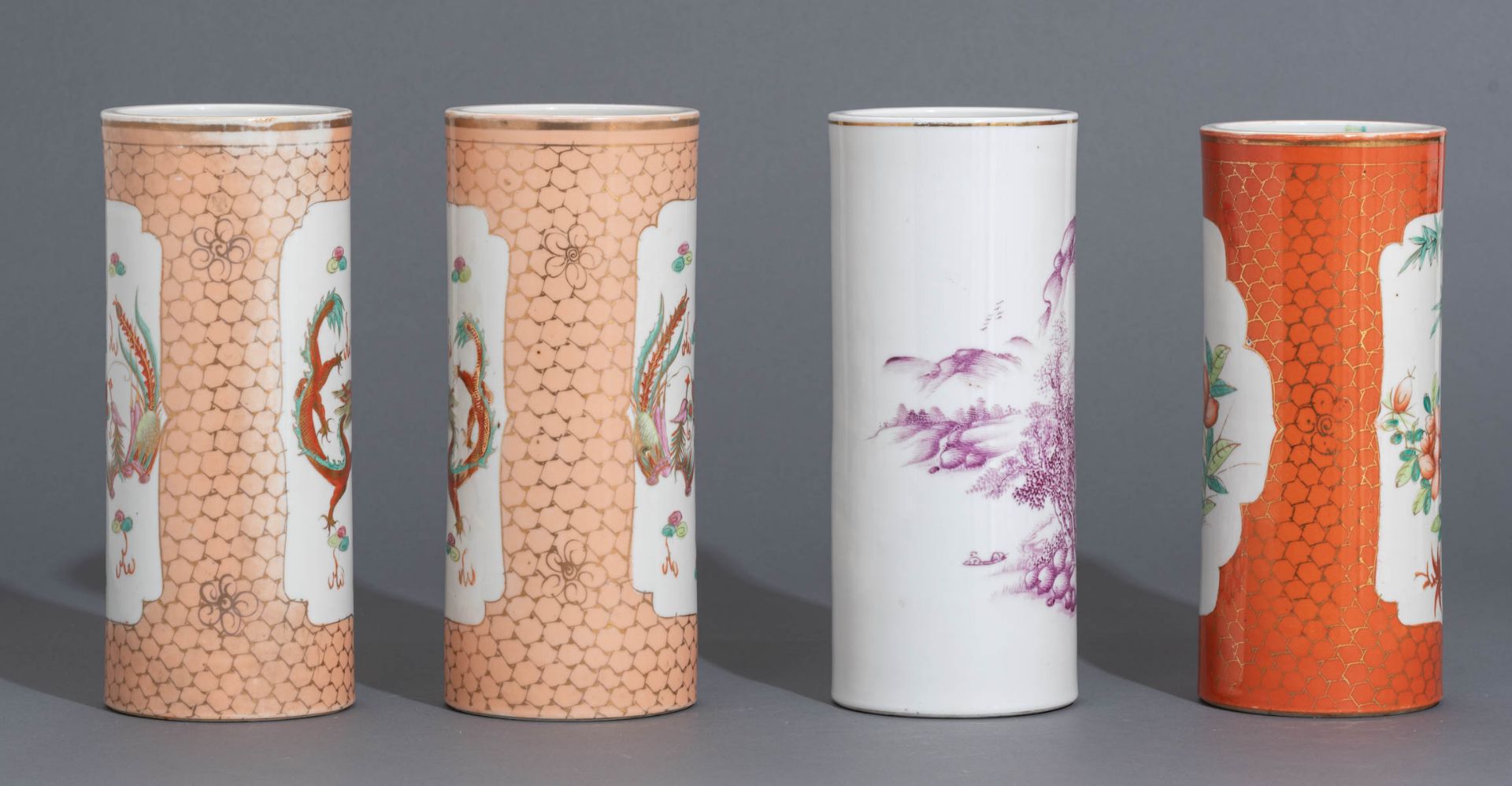 A pair of Chinese orange cylindrical vases - Image 5 of 10