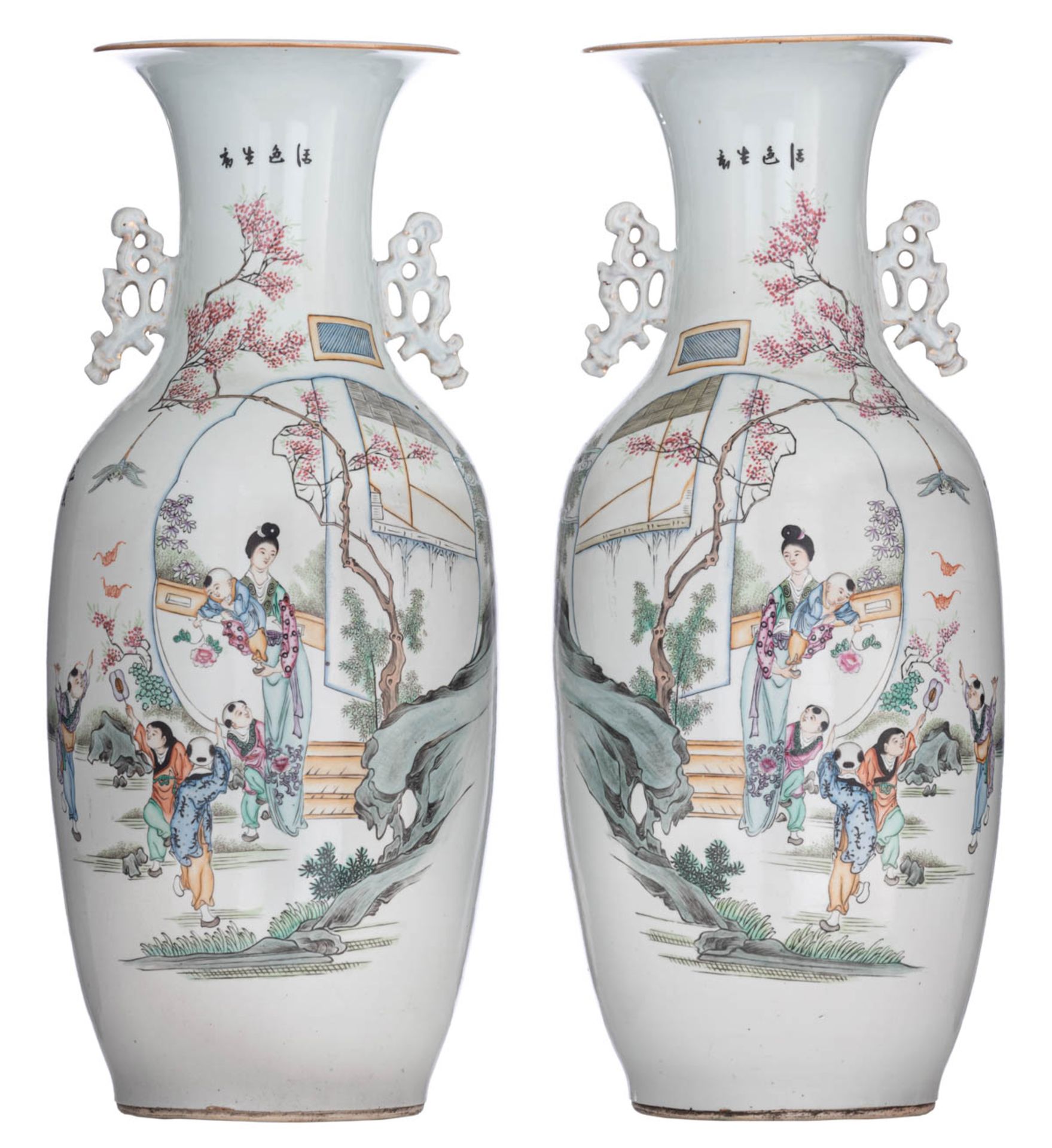 A pair of Chinese Qianjiang cai vases with double decoration