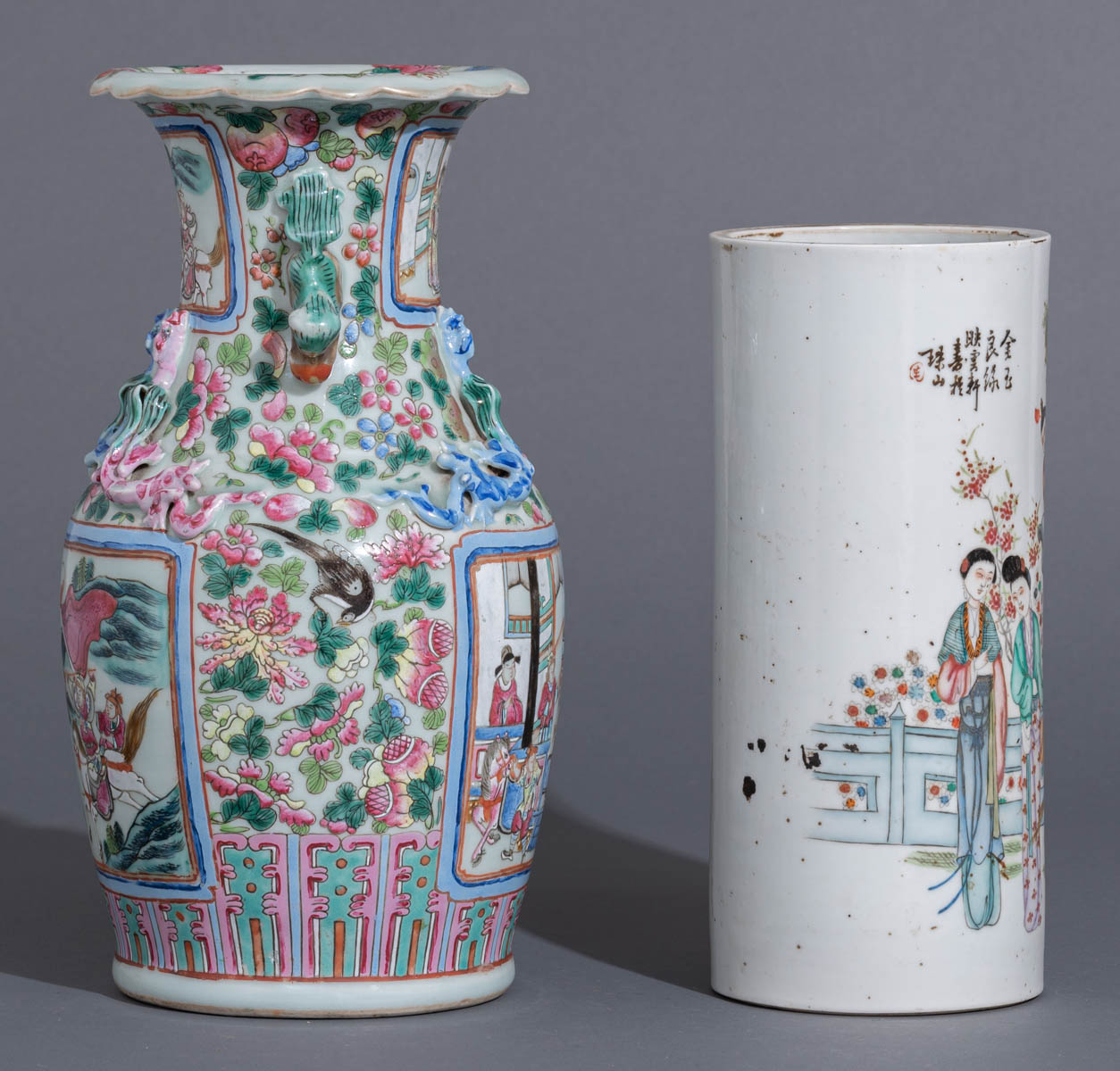 A Chinese polychrome decorated cylindrical vase - Image 5 of 8