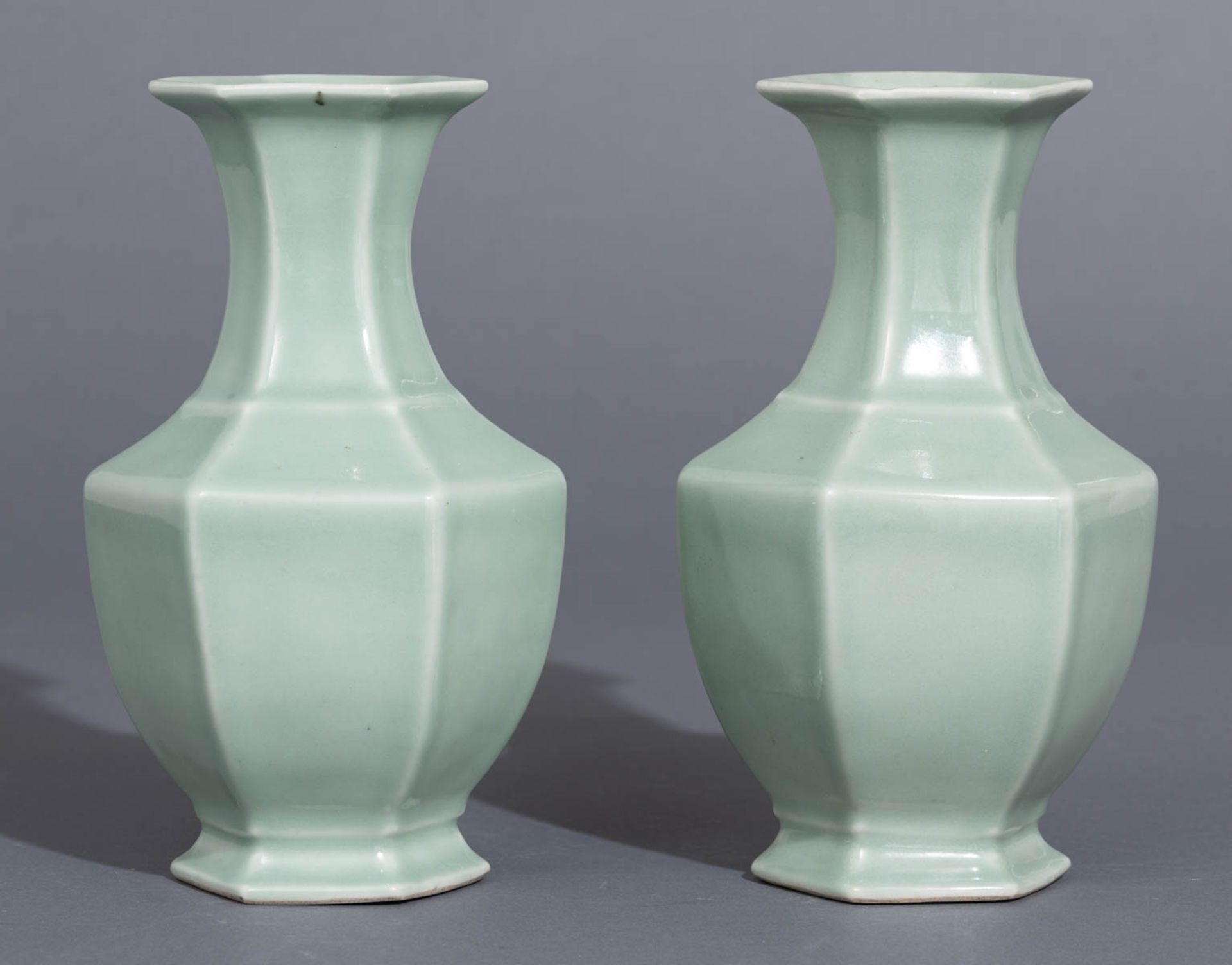 A pair of Chinese hexagonal celadon-glazed vases - Image 2 of 7