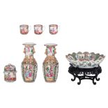 Two Chinese famille rose Canton vases and a ditto flower plate