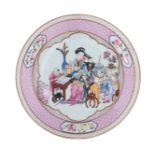 A Chinese famille rose Yongzheng-style export porcelain dish with a ruby back