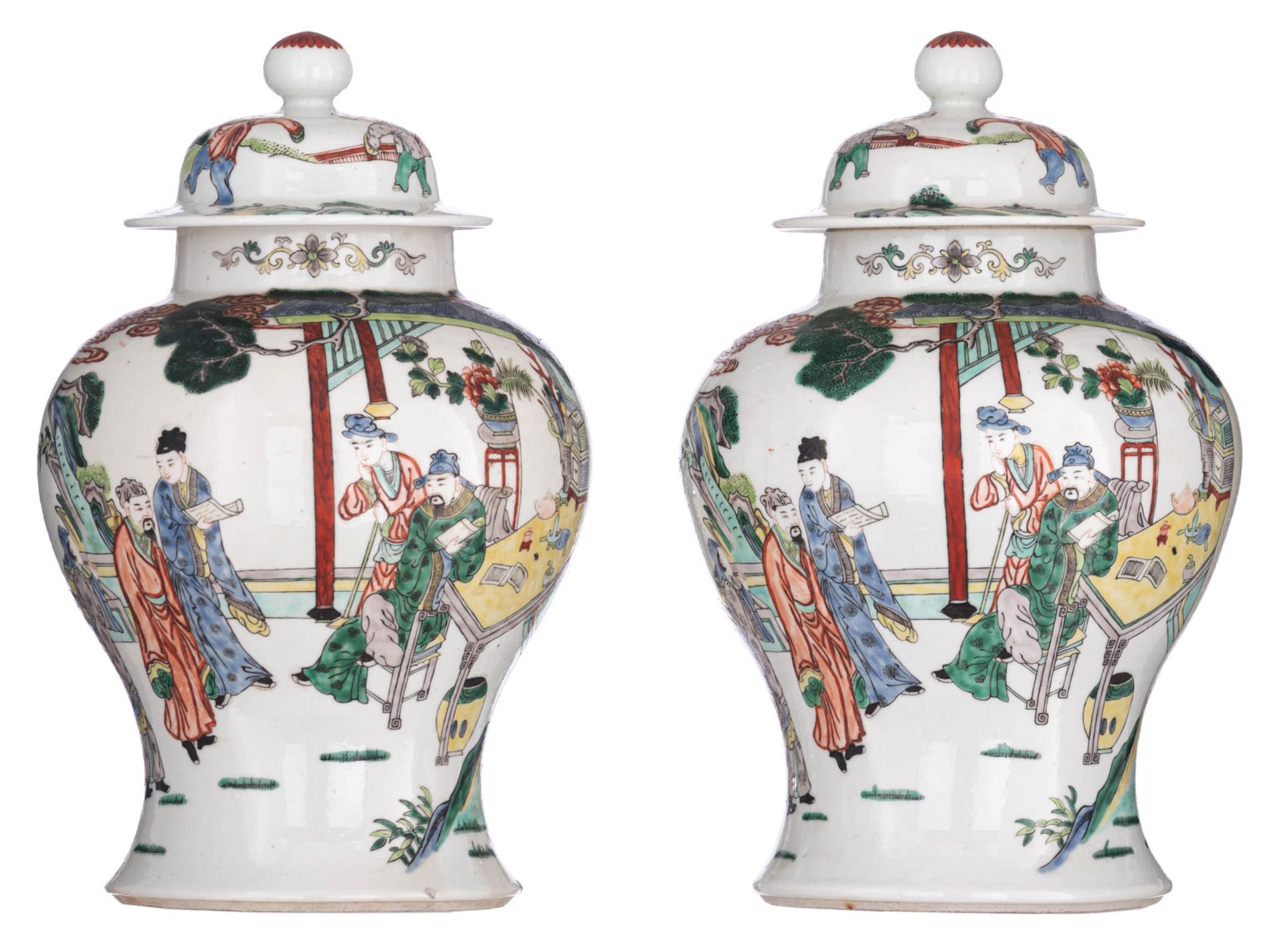 Two Chinese polychrome vases and covers
