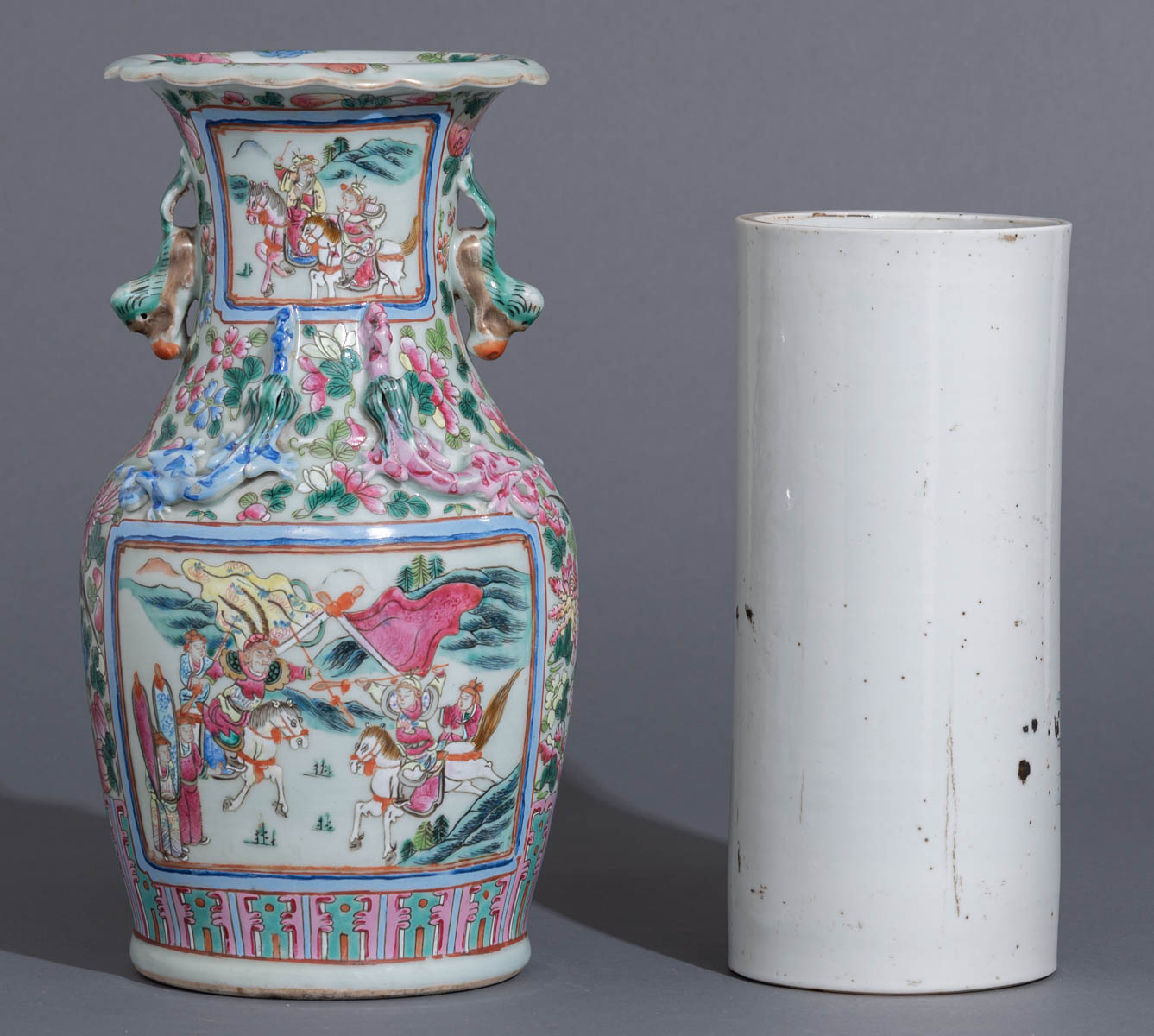 A Chinese polychrome decorated cylindrical vase - Image 4 of 8