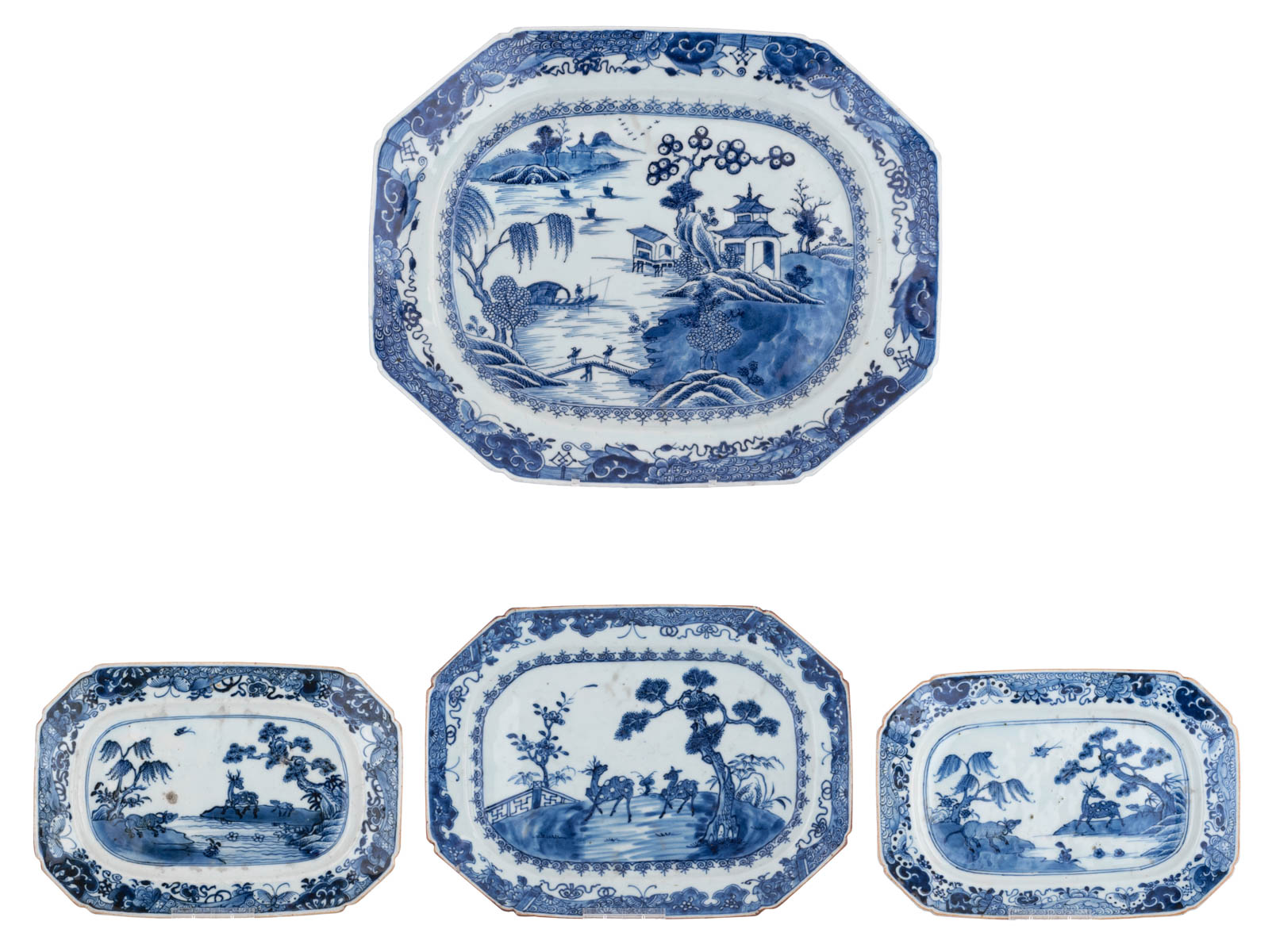 Four Chinese blue and white Nanking ware plates