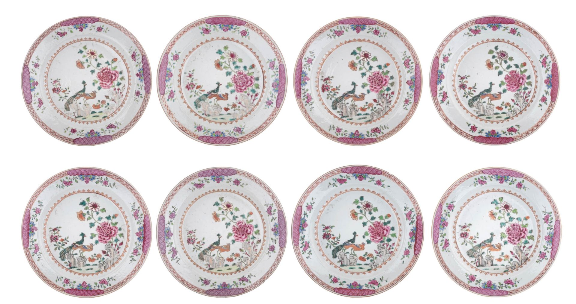 Eight Chinese famille rose 'Double Peacock' export dishes