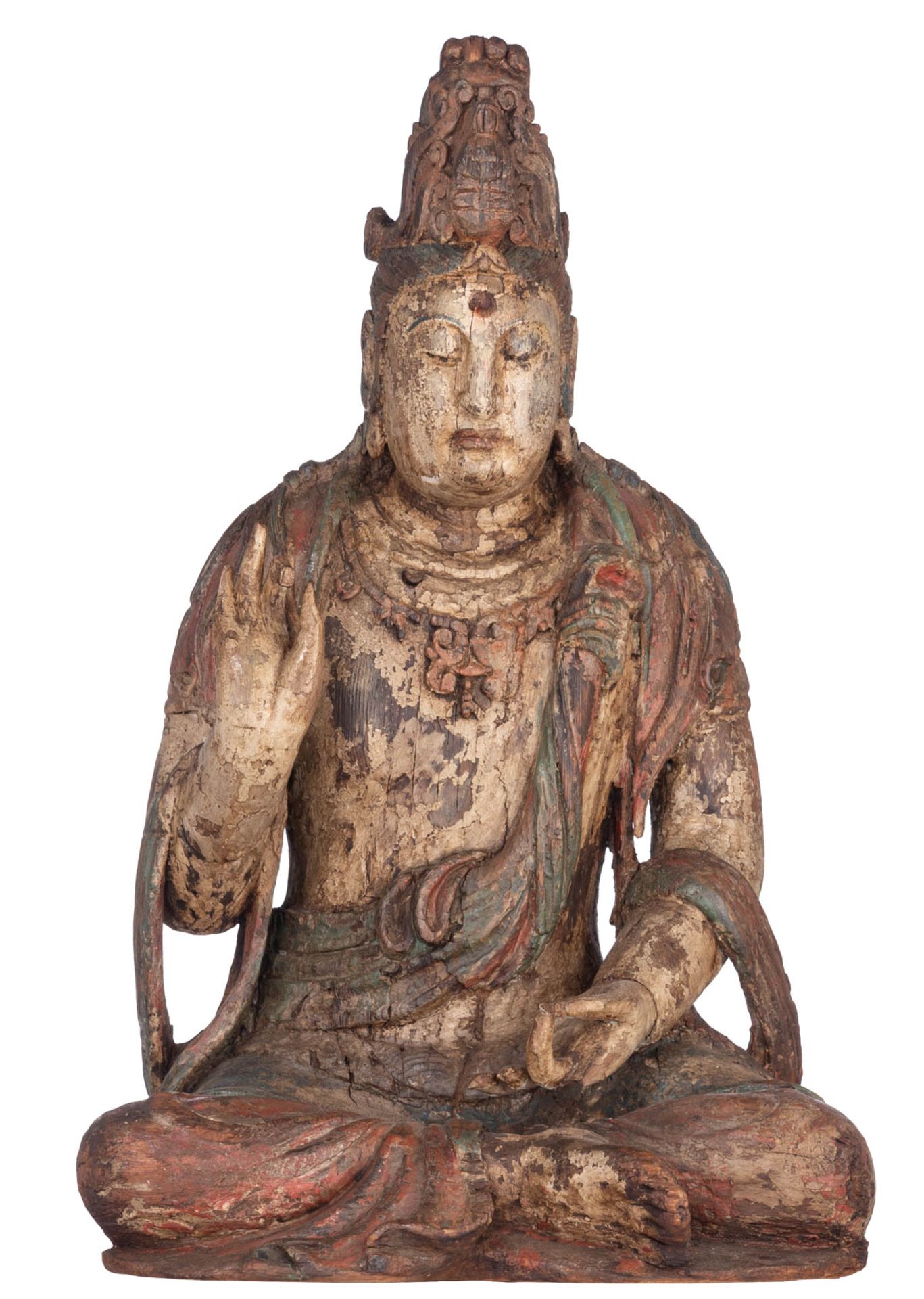 A polychrome paint wooden seated Guanyin in a 'lotus' posture