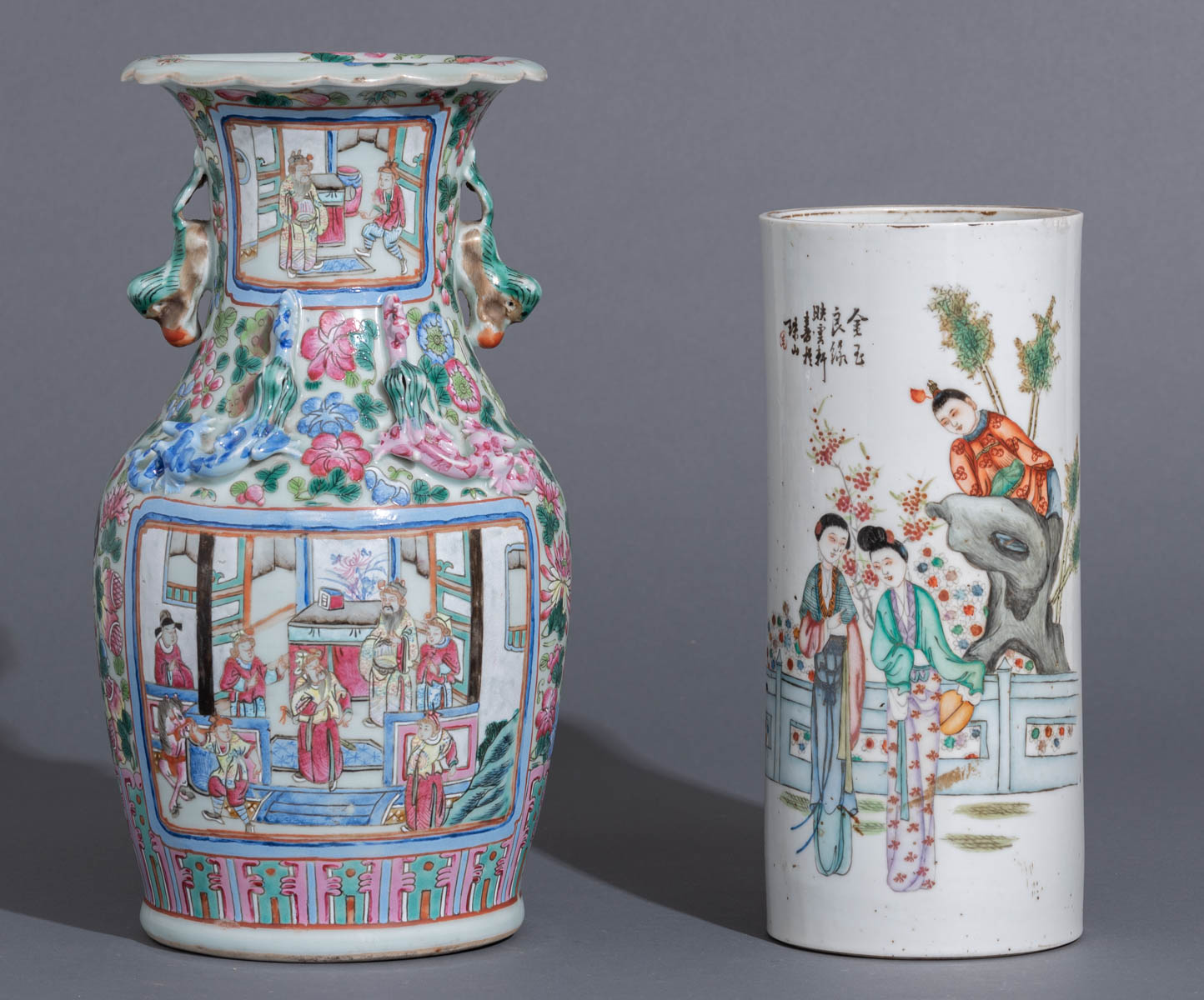A Chinese polychrome decorated cylindrical vase - Image 2 of 8