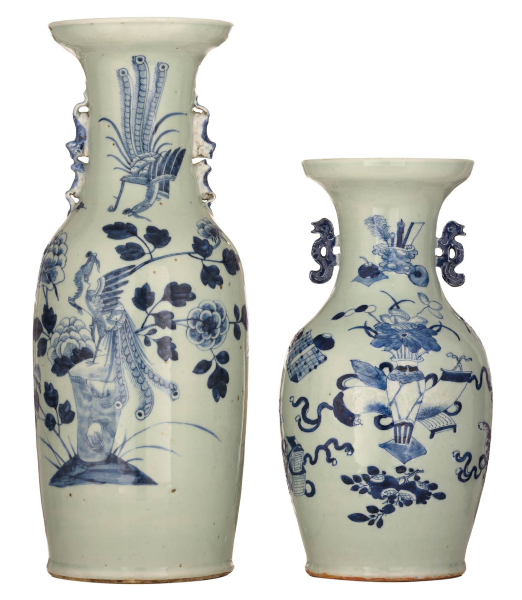 Two Chinese blue and white celadon ground vases