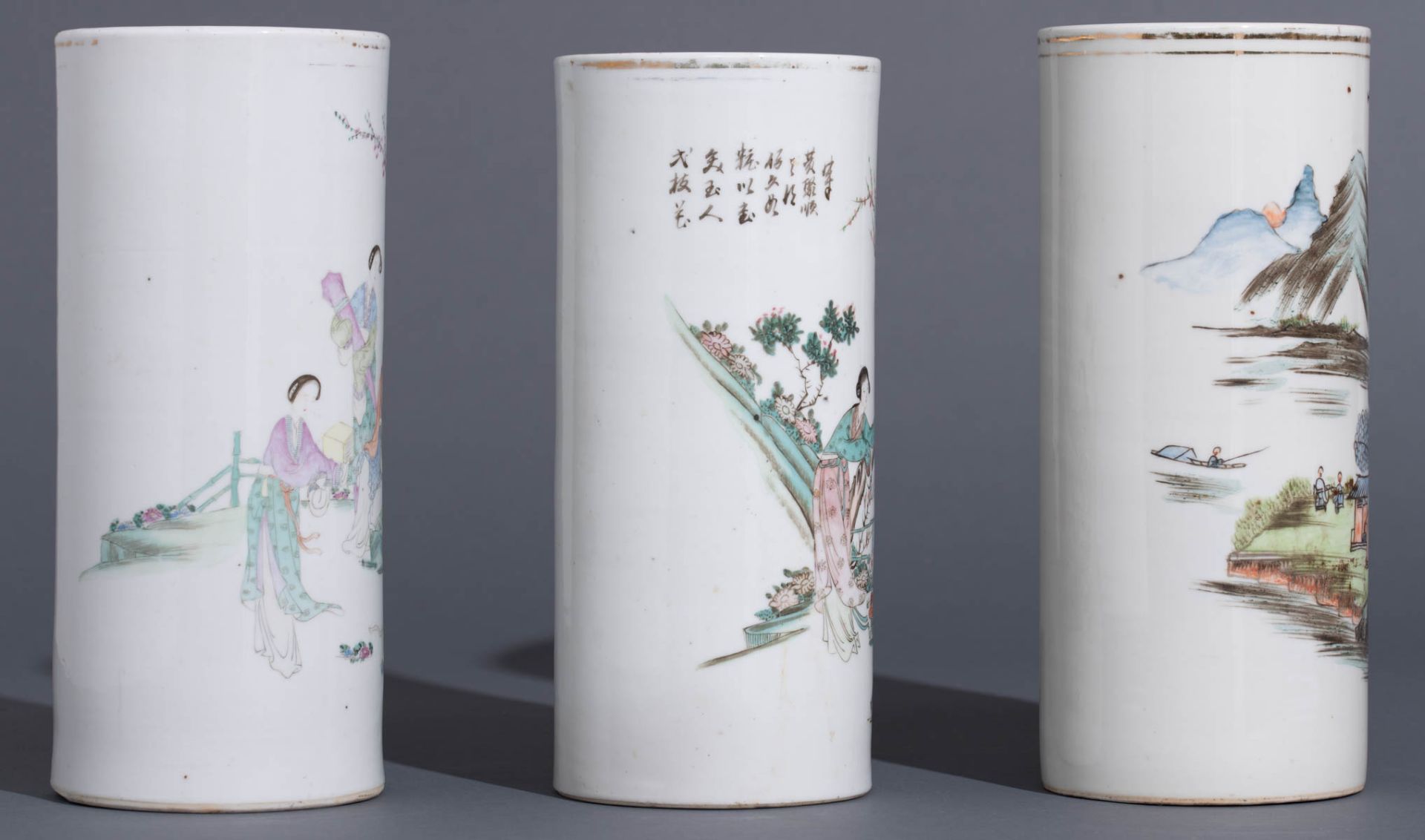 Six Chinese polychrome decorated cylindrical vases - Bild 5 aus 14