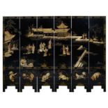A Chinese black lacquered hardstone inlaid six-panel screen