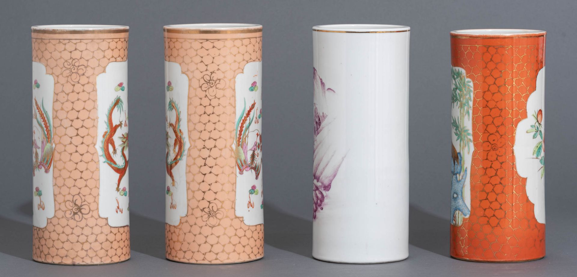 A pair of Chinese orange cylindrical vases - Image 3 of 10