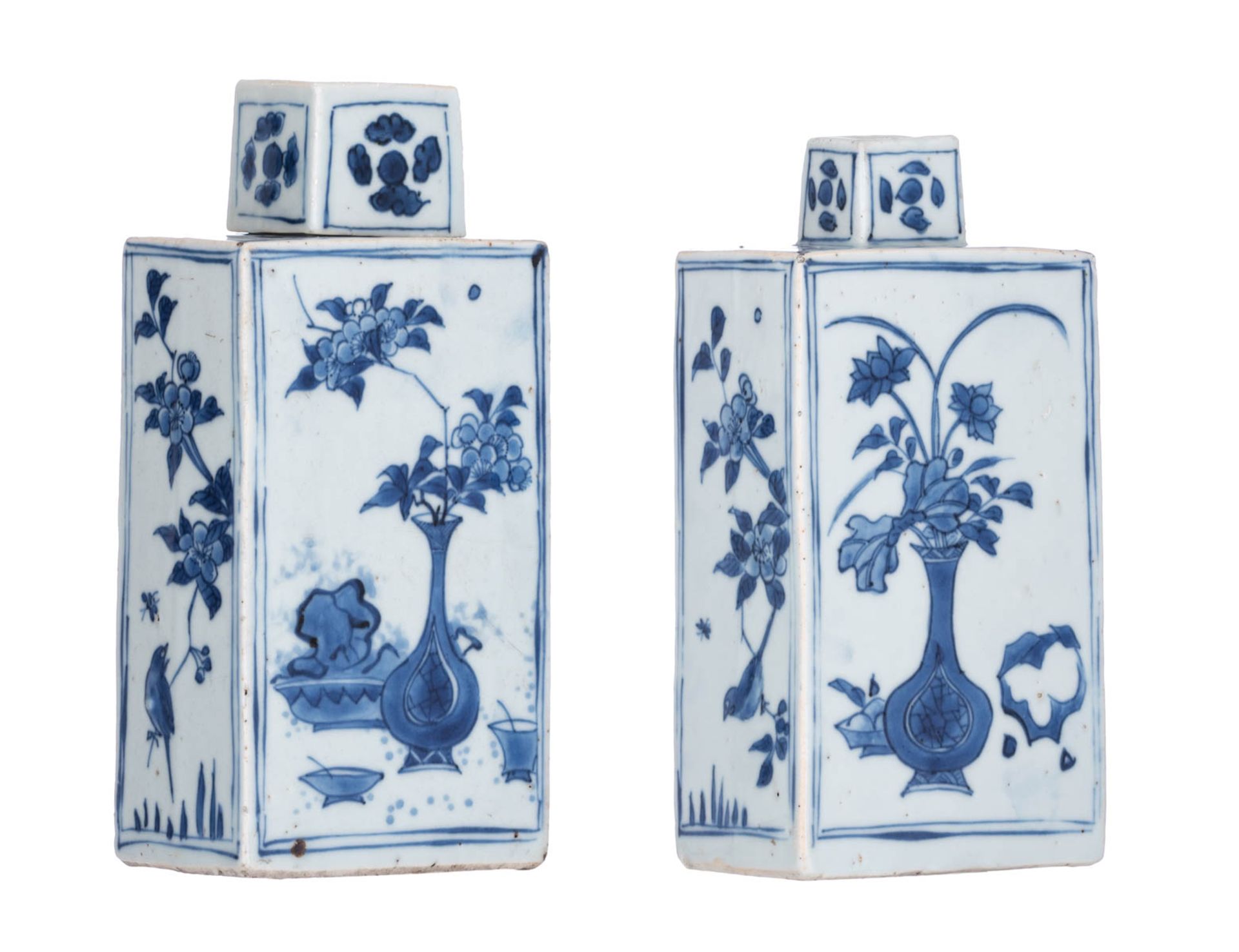 A pair of Chinese blue and white tea caddies