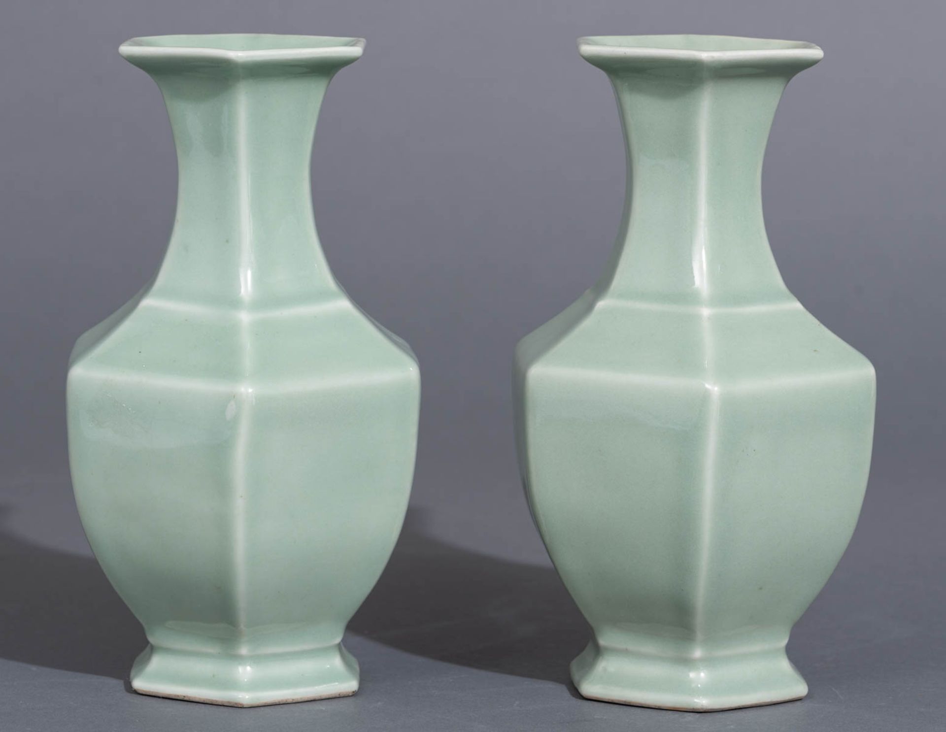 A pair of Chinese hexagonal celadon-glazed vases - Image 5 of 7