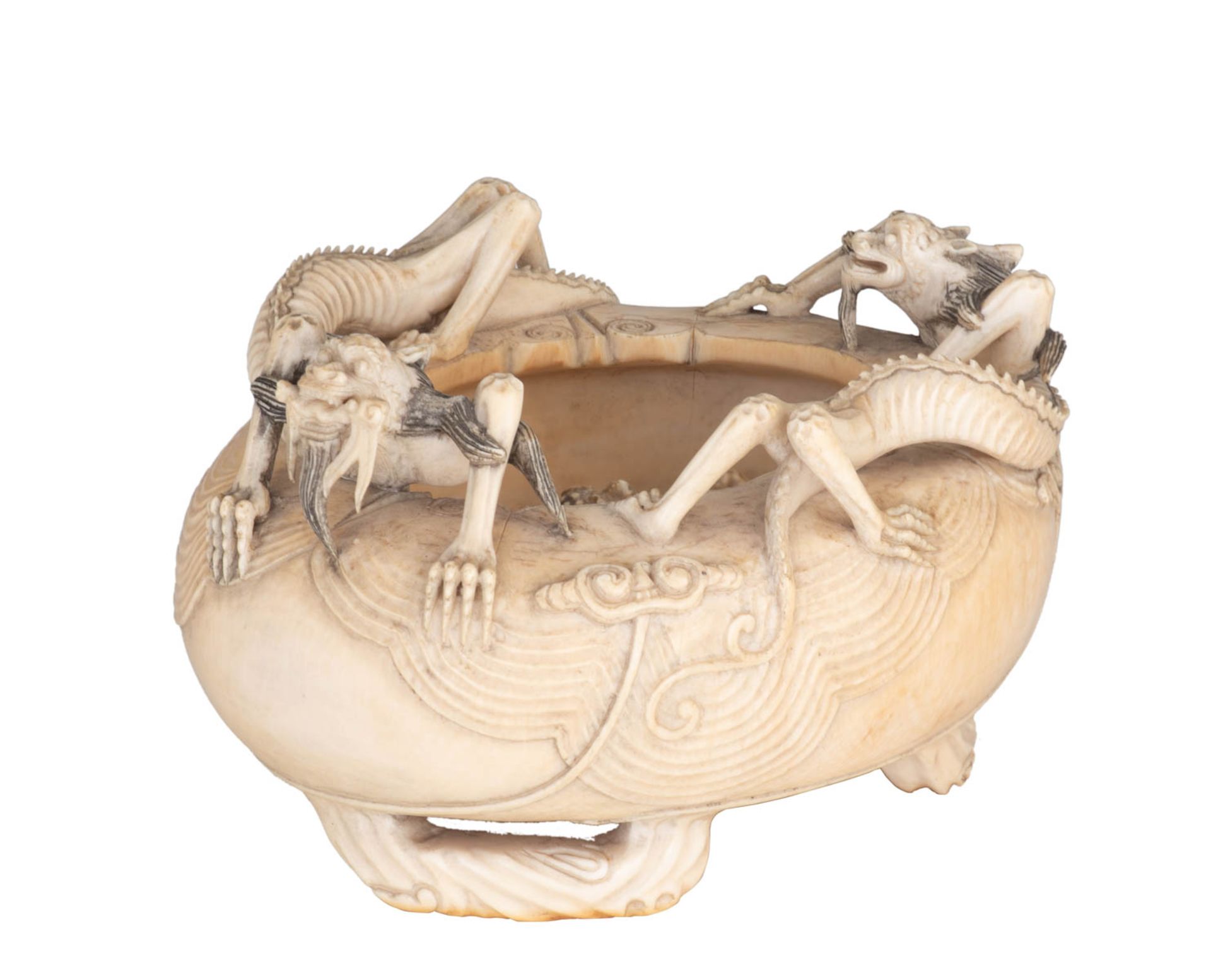 A rare South-East Asian ivory phantasy jar in the shape of a fake brush washer with inside