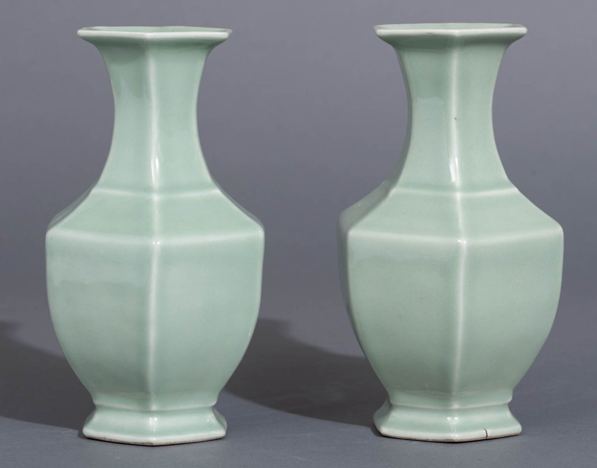 A pair of Chinese hexagonal celadon-glazed vases - Image 3 of 7