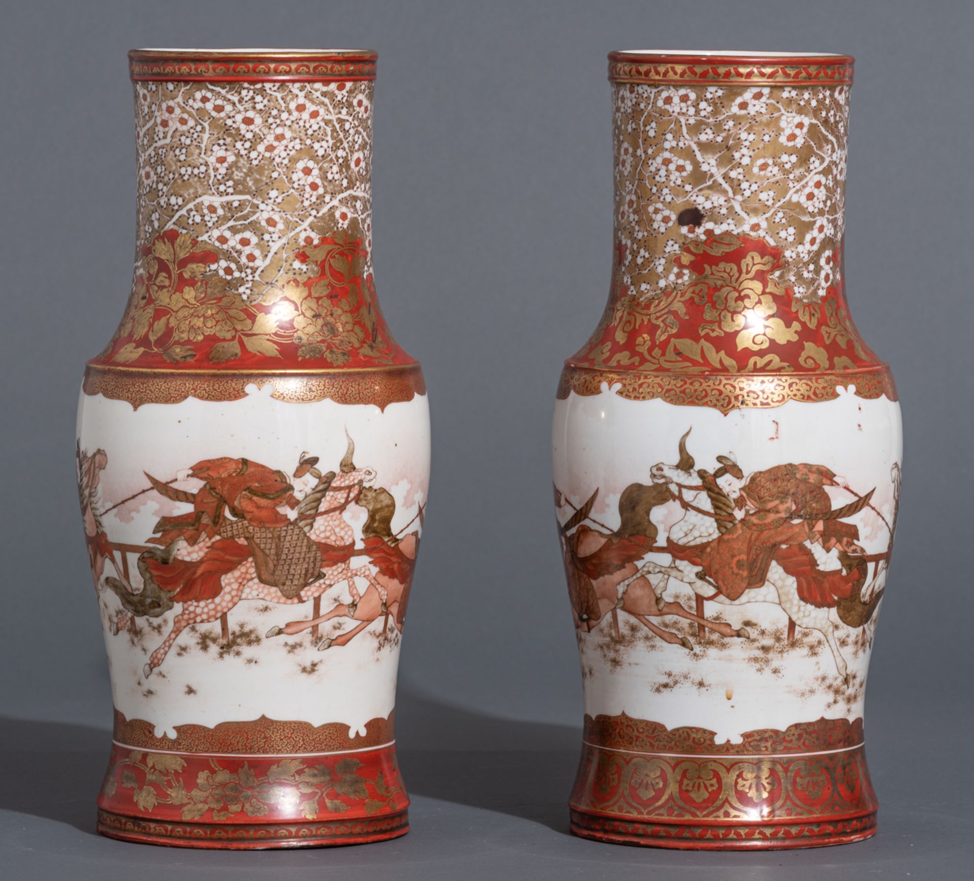A pair of Japanese Kinrande decorated vases painted all-around with galloping horsemen - Image 11 of 17