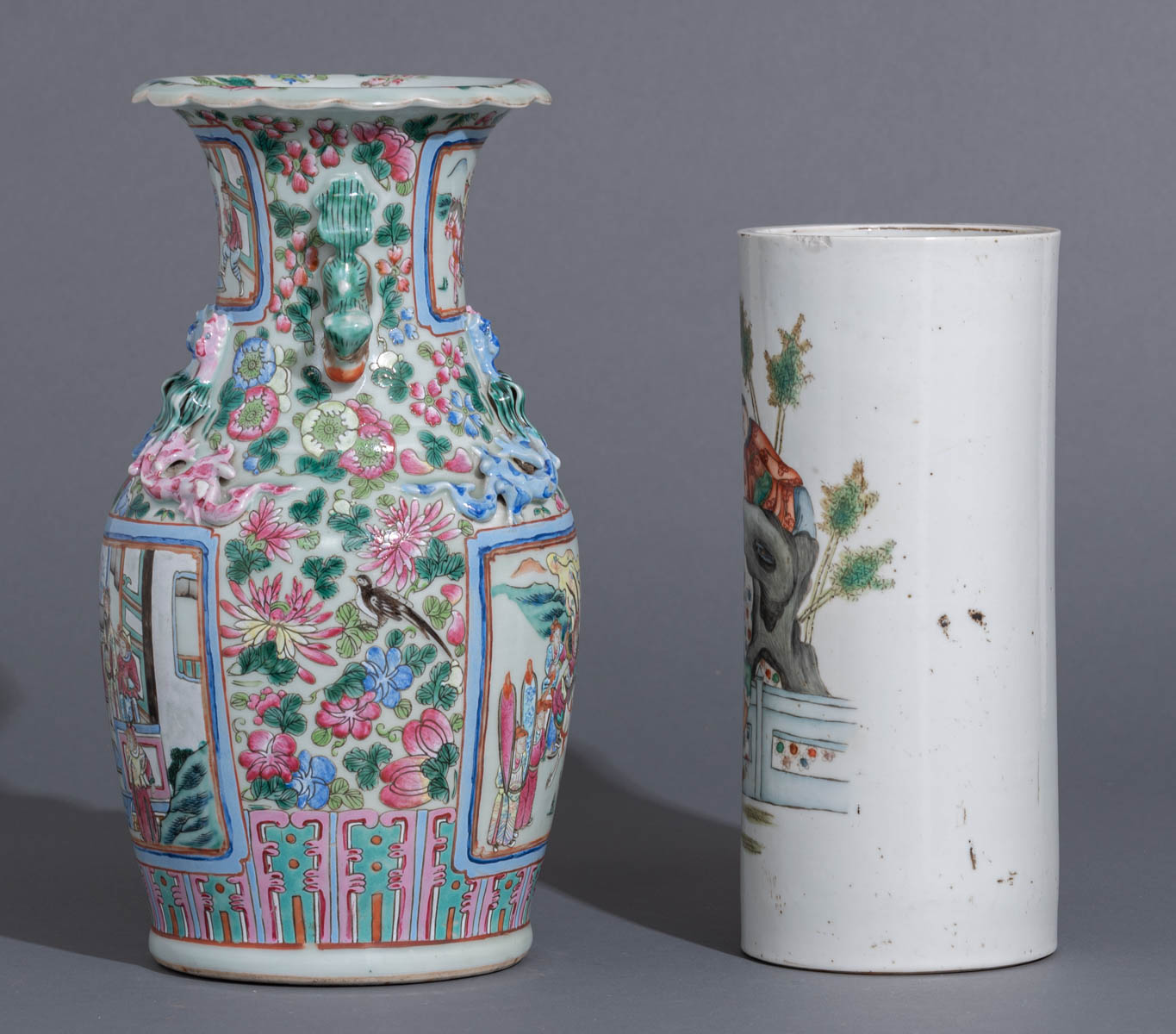 A Chinese polychrome decorated cylindrical vase - Image 3 of 8