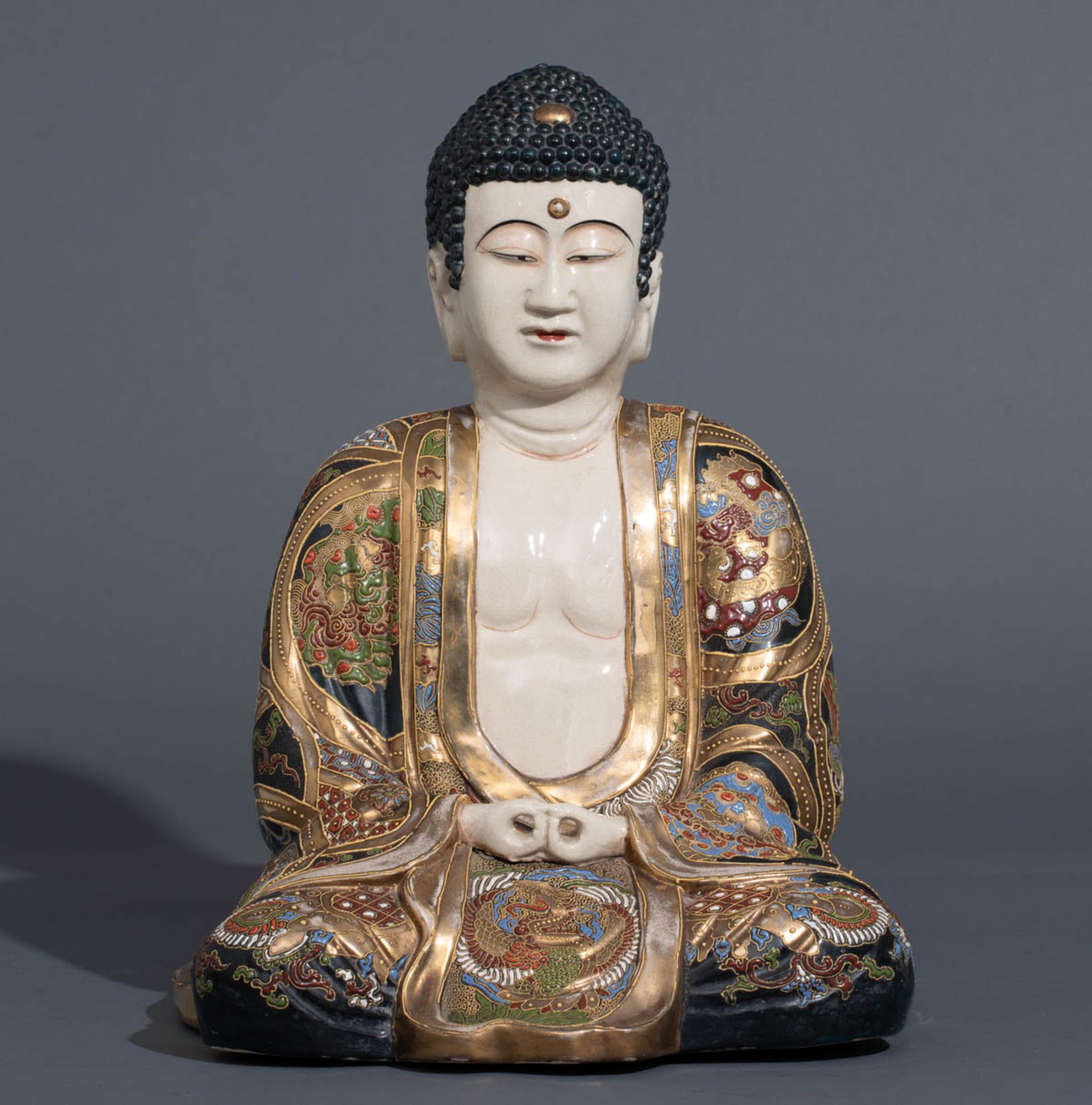 A large Japanese Satsuma figure of a seated Buddha - Image 2 of 6