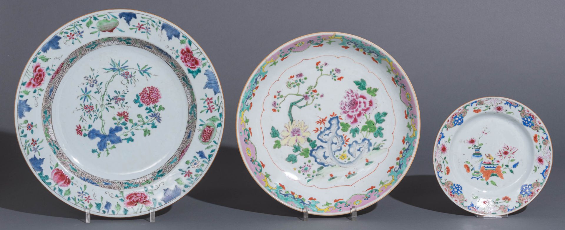 Two Chinese floral decorated famille rose chargers; added a ditto dish - Image 2 of 3