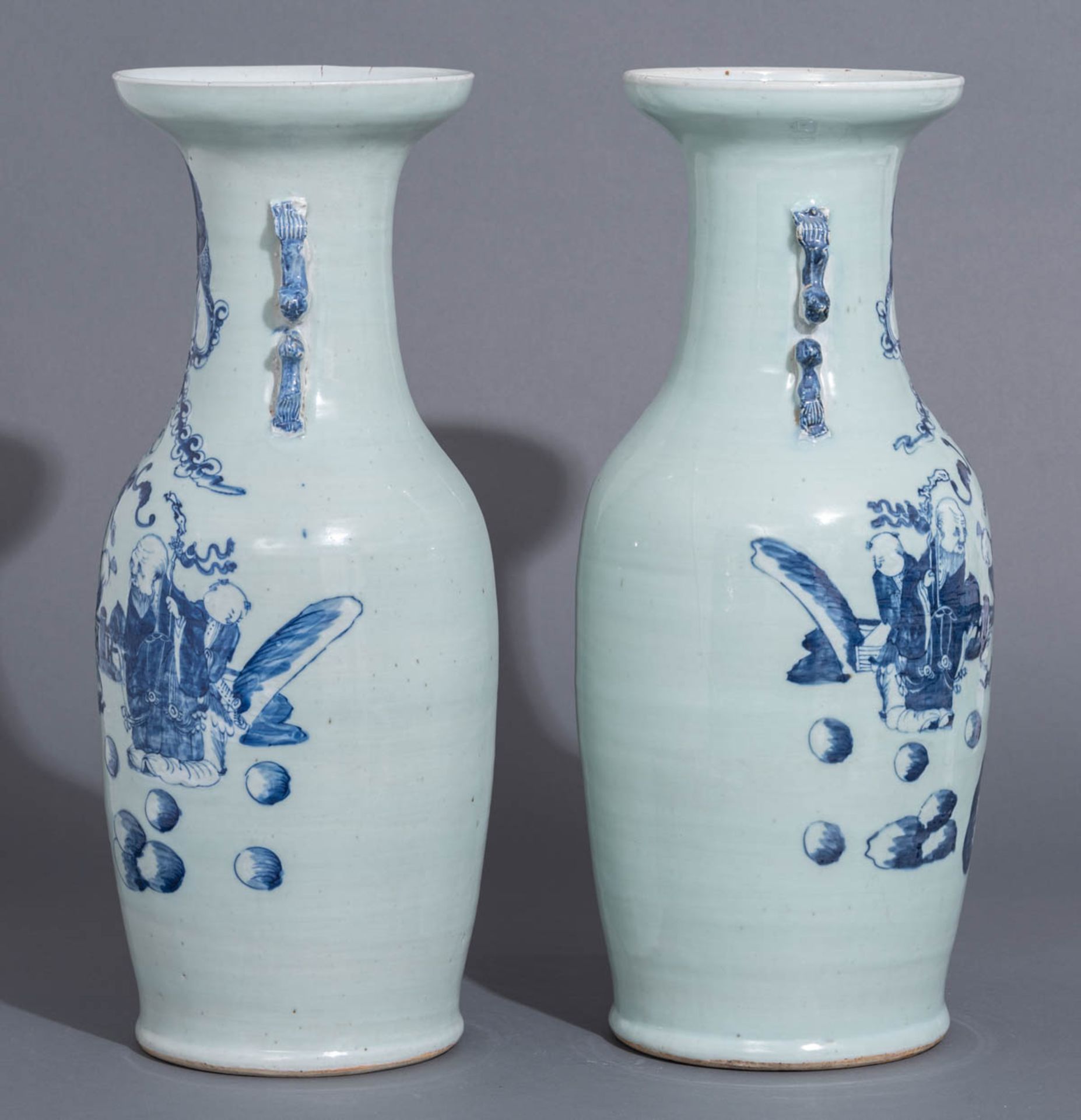 A pair of Chinese celadon ground blue and white vases - Image 5 of 7