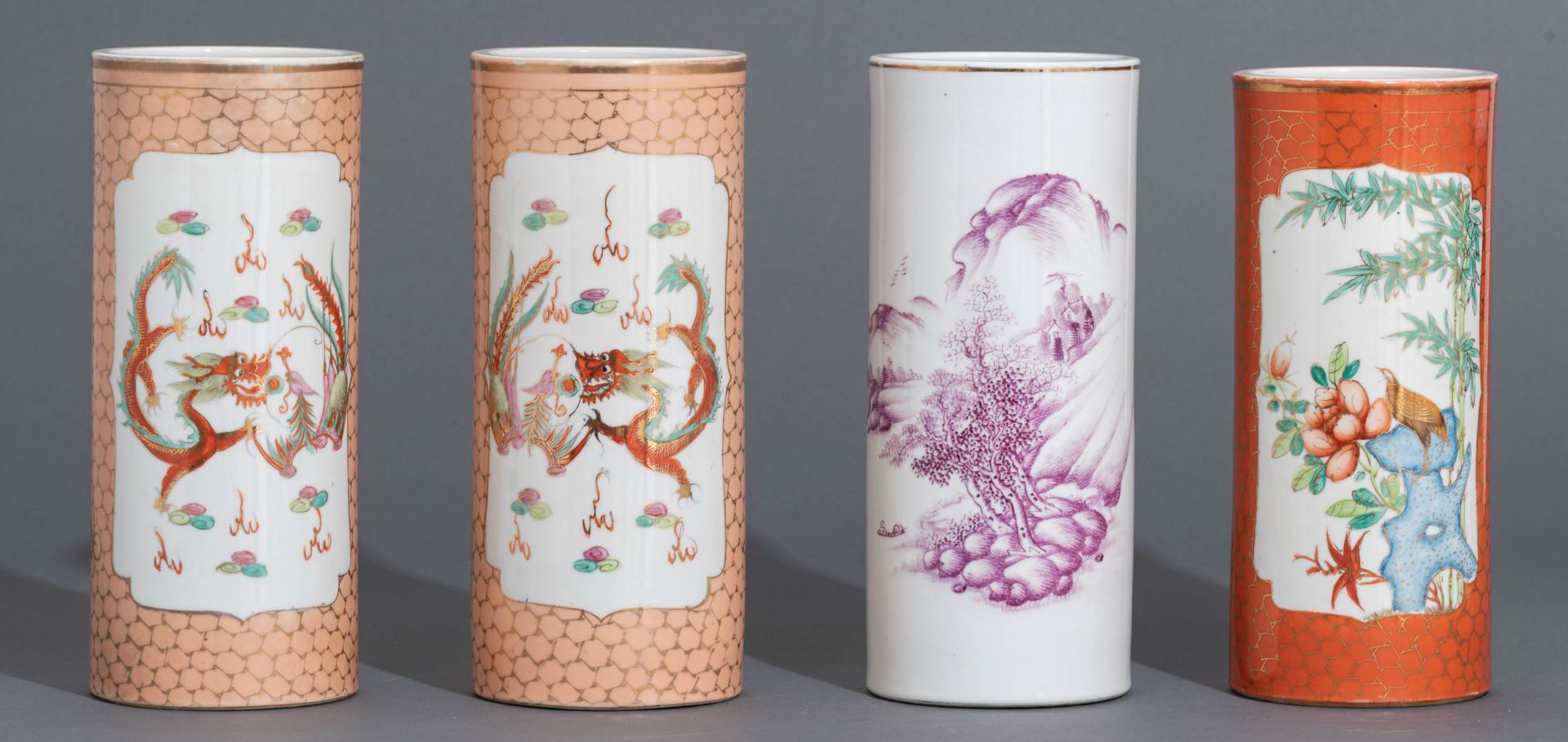 A pair of Chinese orange cylindrical vases - Image 2 of 10