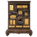 An imposing and richly carved exotic hardwood Japanese Shibayama Meiji period cabinet