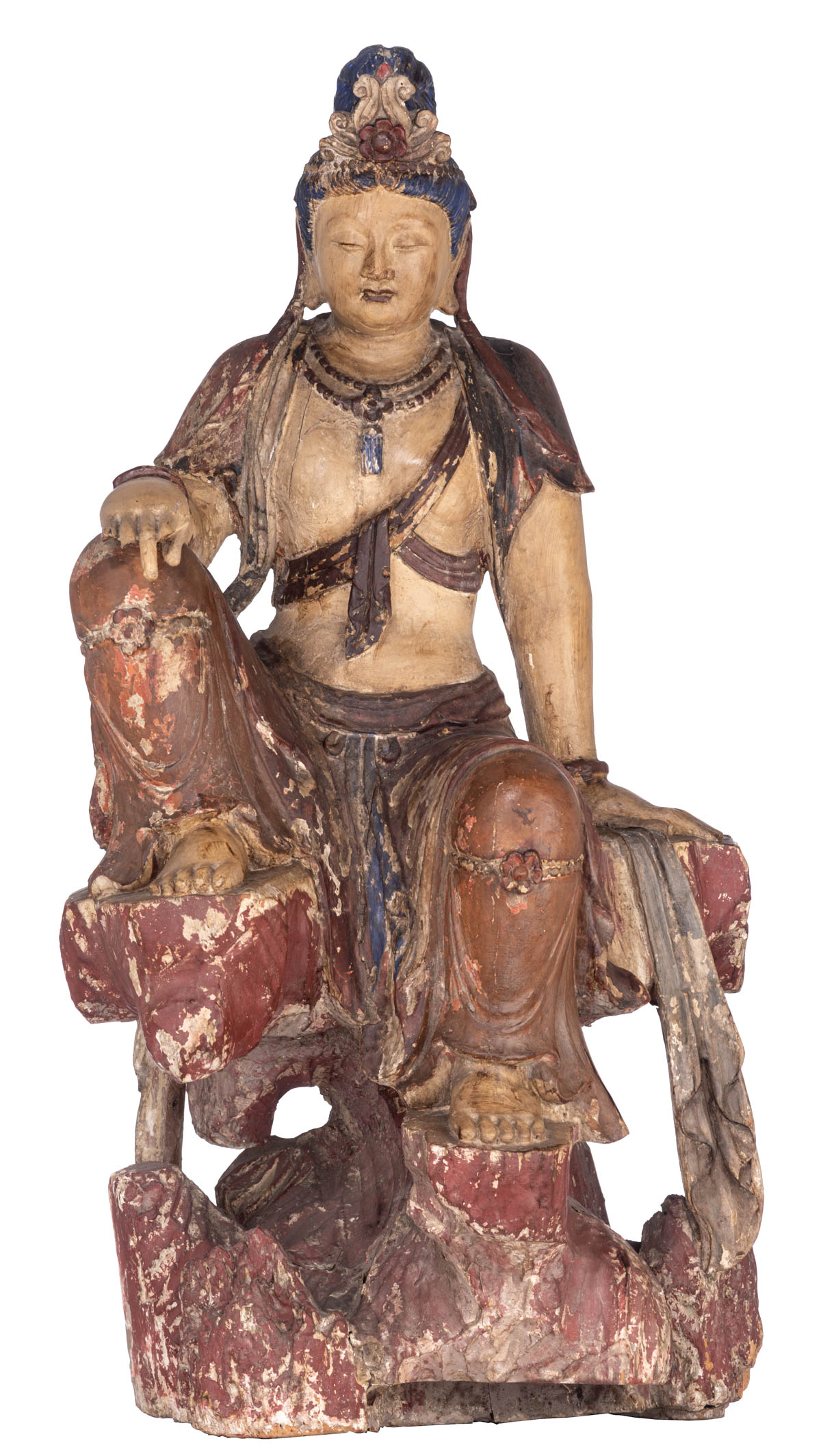 A polychrome paint wooden Guanyin in a 'royal-ease' posture
