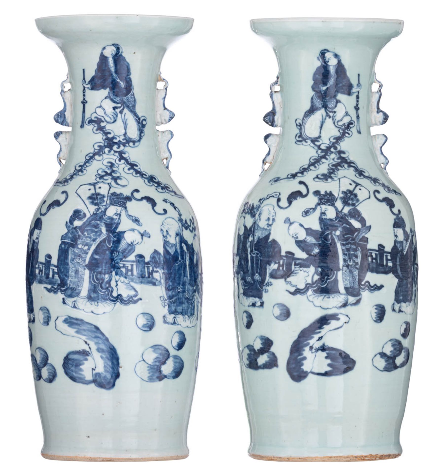 A pair of Chinese celadon ground blue and white vases