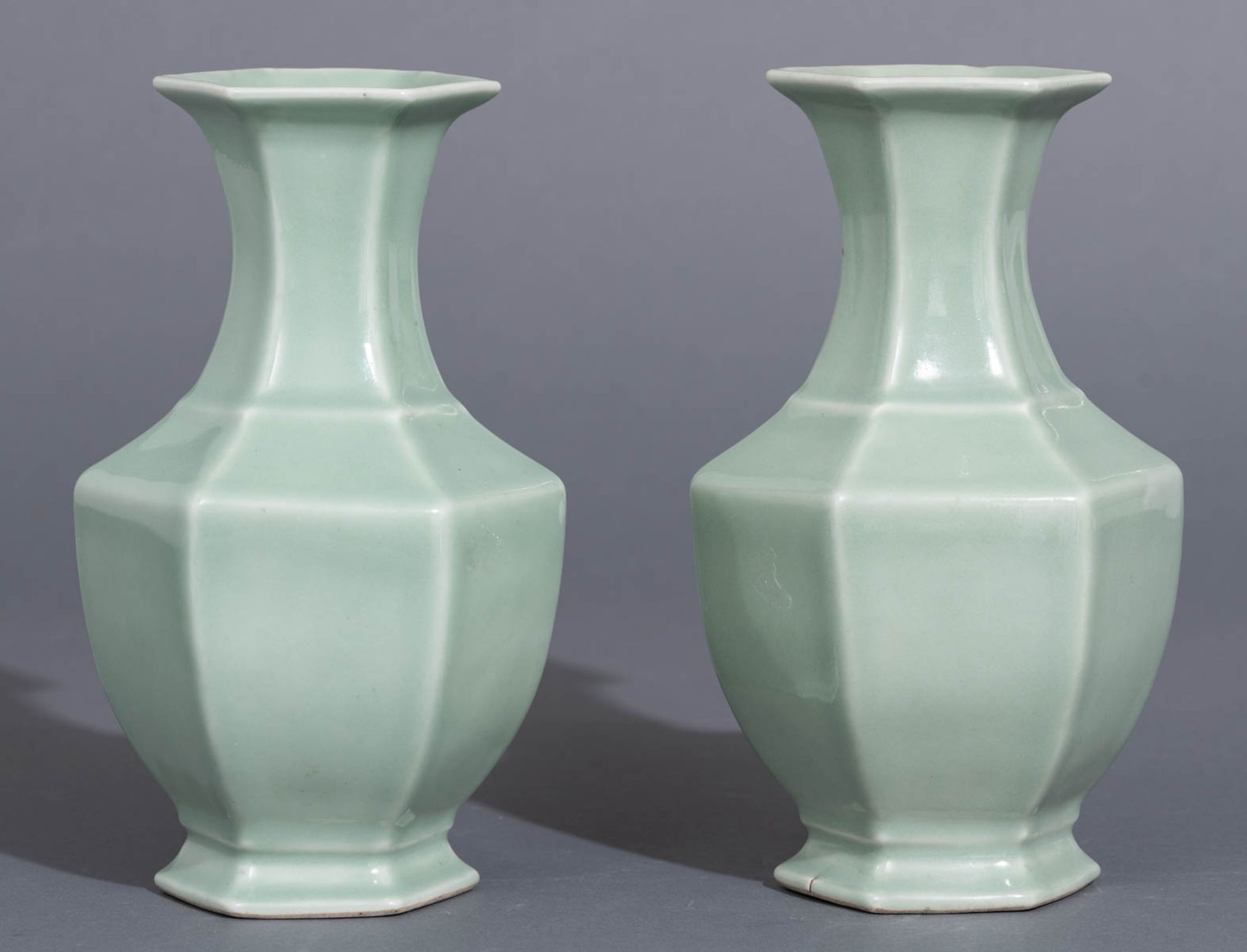 A pair of Chinese hexagonal celadon-glazed vases - Image 4 of 7