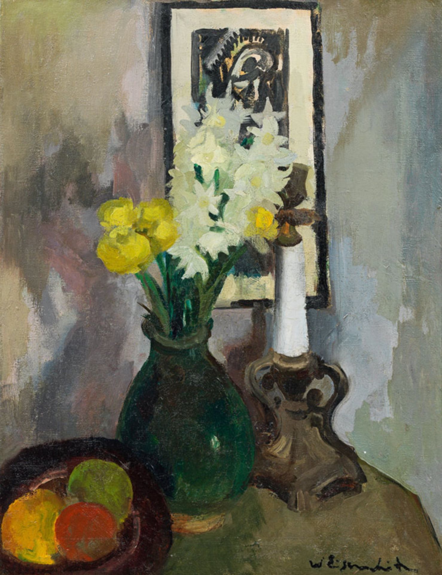 Willy Eisenschitz* Still life with flower vase, fruits and candles, ca. 1918