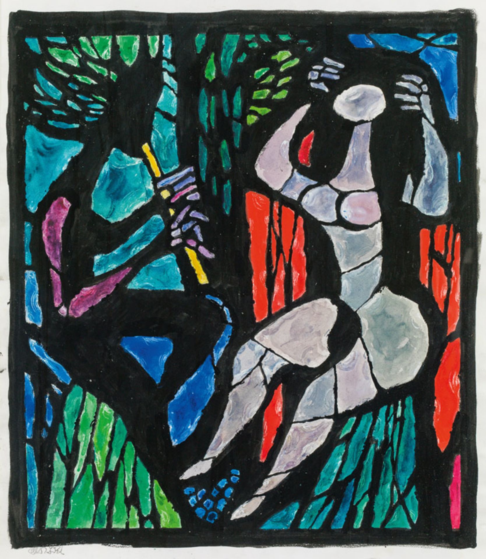 Albert Birkle* Faun and Nymph (coloured sketch for a Dalle glass window), late 1960s/early 1