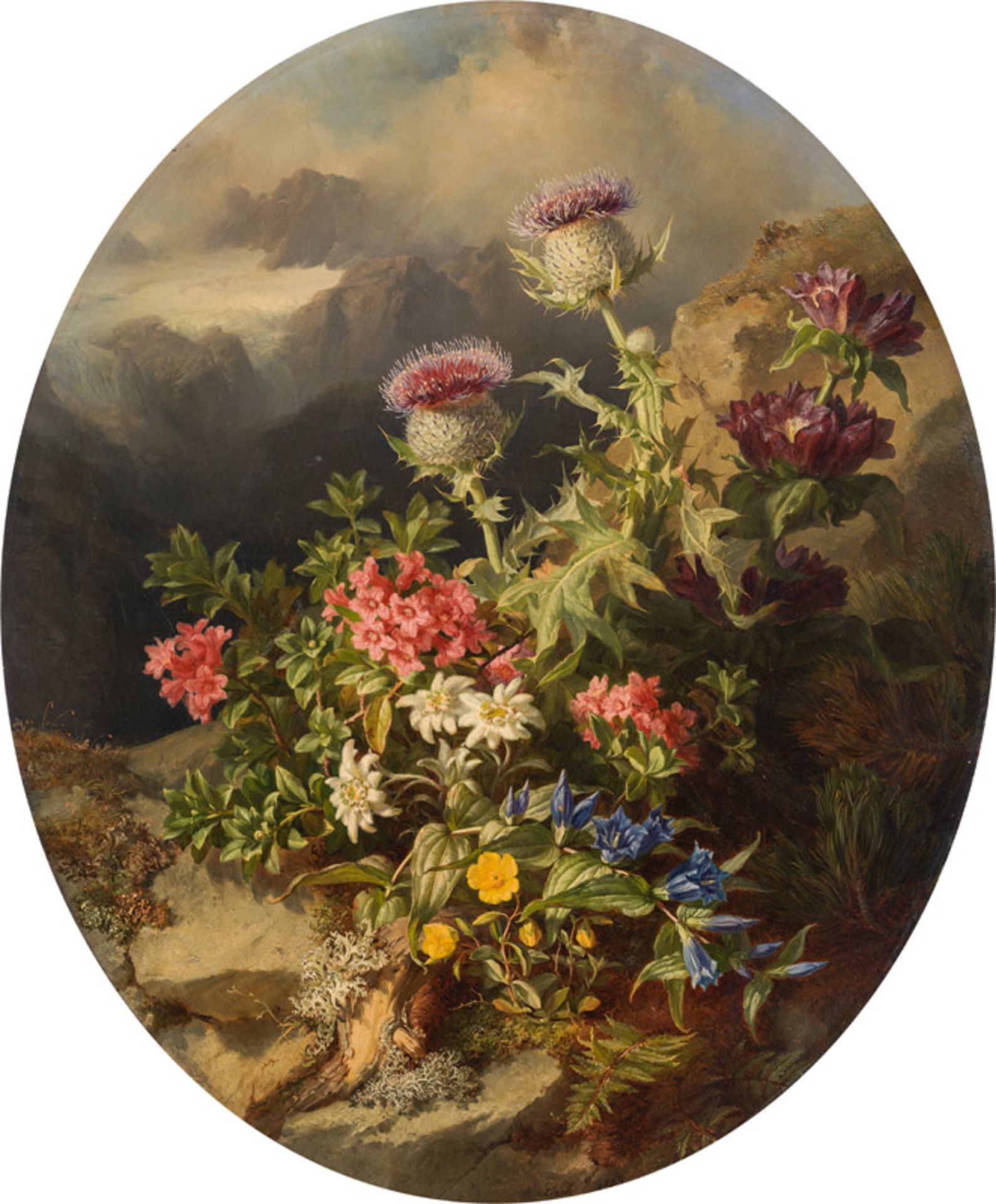 Andreas Lach Still life with alpine flowers and Dachstein Mountain in the background, 1854</
