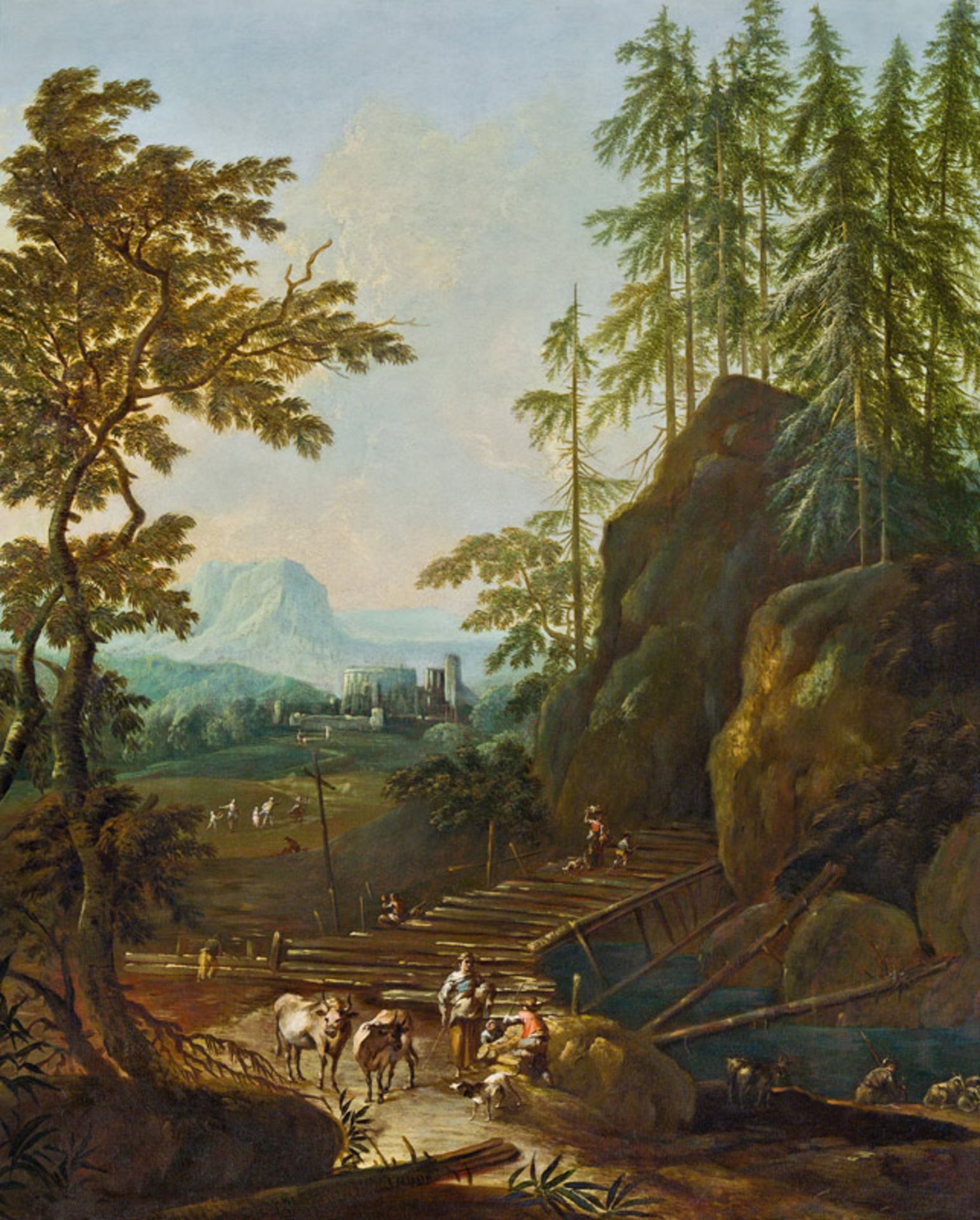 Circle of Anton Faistenberger A wide italian landscape with a bridge